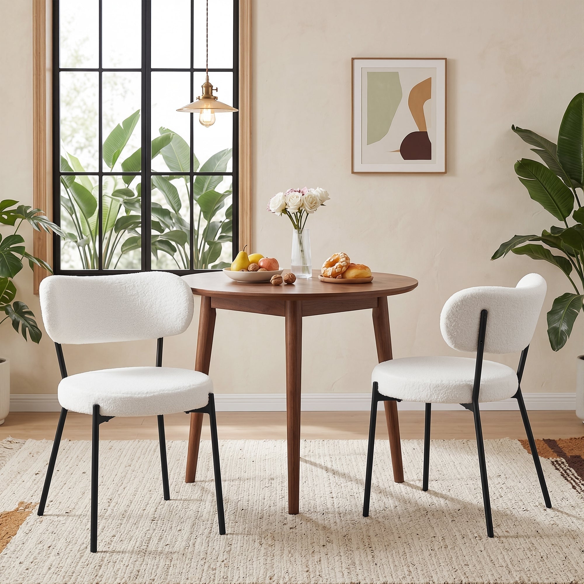 Vecelo Set Of 2 White Teddy Fleece Dining Chair Modern Curved Backrest With Black Metal Legs For Kitchen Living Room Small Space
