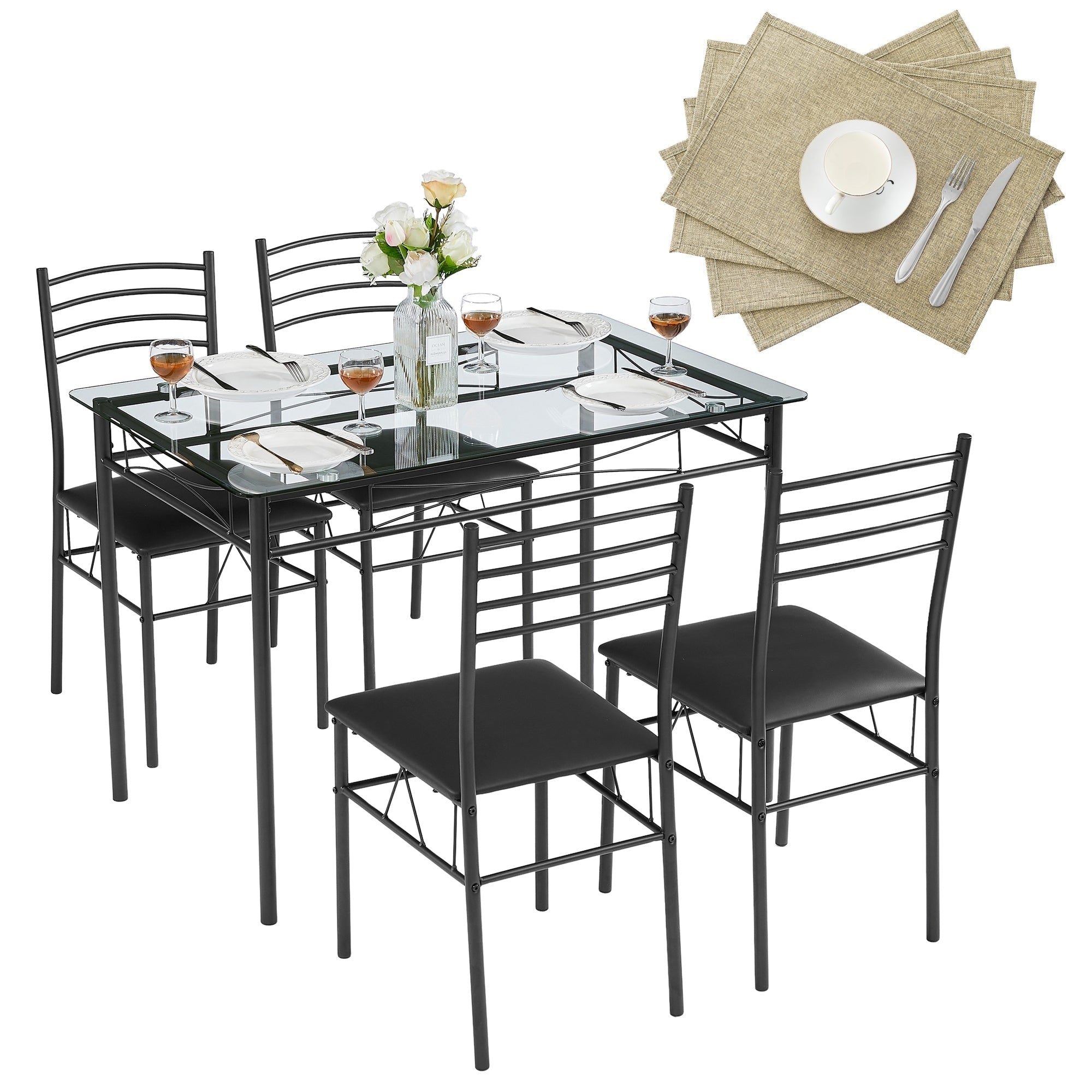 Vecelo Glass Dining Table Sets With 4 Chairs Kitchen Table Sets