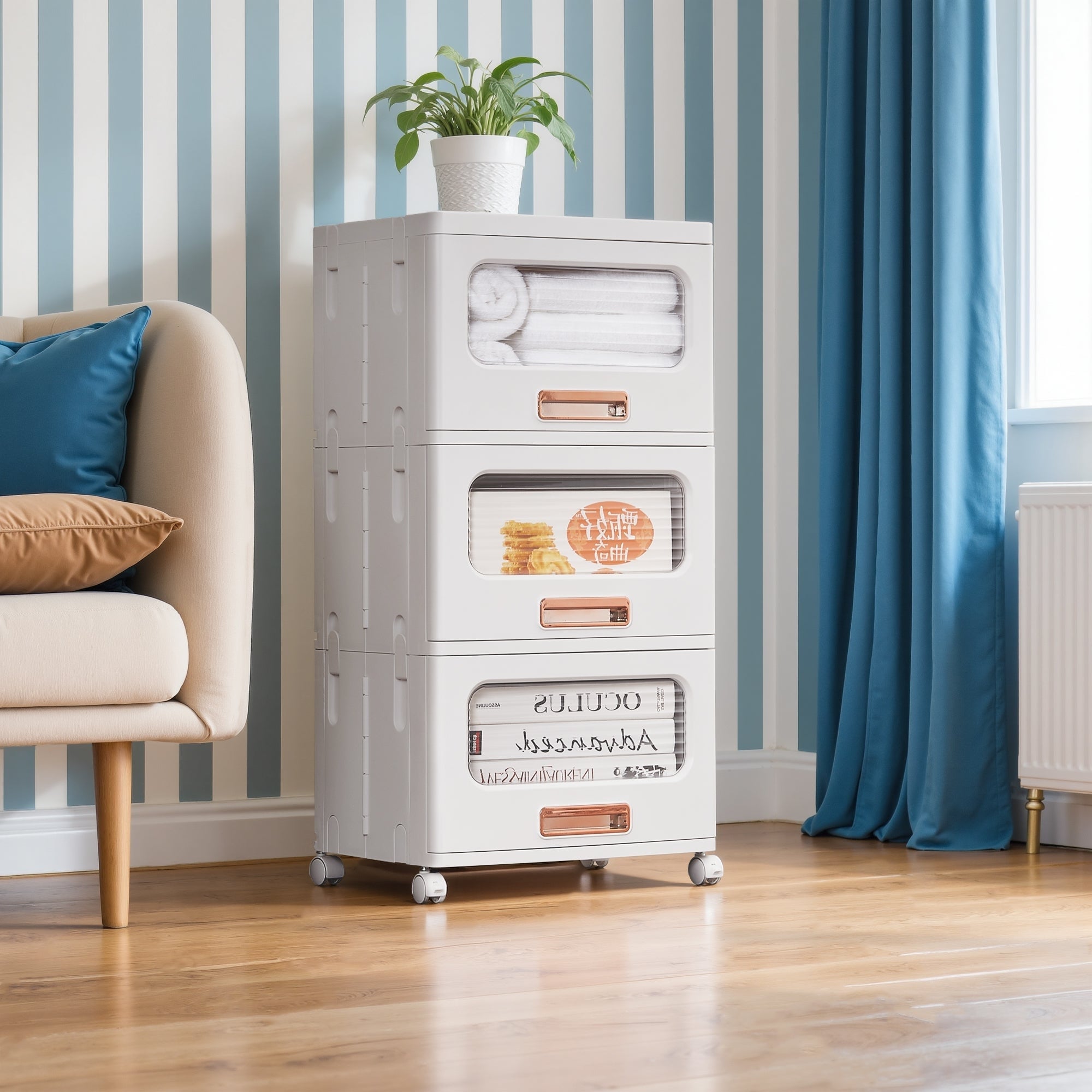 Vecelo White Rolling Storage Cabinet With Transparent Doors 1 2 3 Tier Plastic Storage Bins With Wheels For Bedroom Living Room