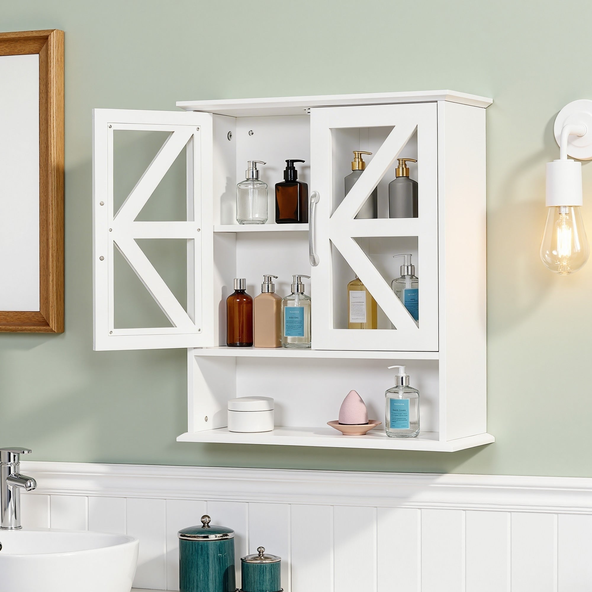 Vecelo White Bathroom Wall Mounted Cabinet With X Design Acrylic Doors Medicine Storage Cabinet With Adjustable Shelf Open Shelf