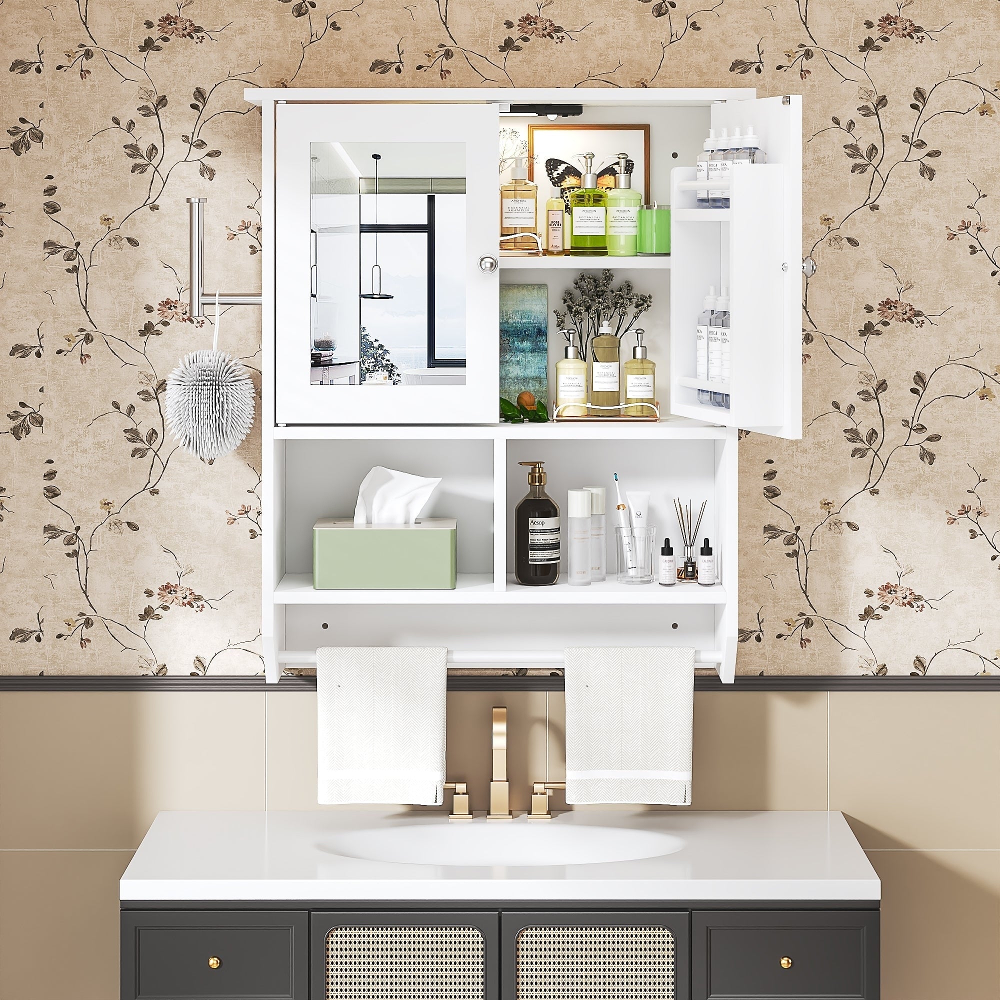 Vecelo White Double Door Led Mirror Medicine Cabinet With Adjustable Shelves Tempered Glass Wall Mounted Bathroom Cabinet