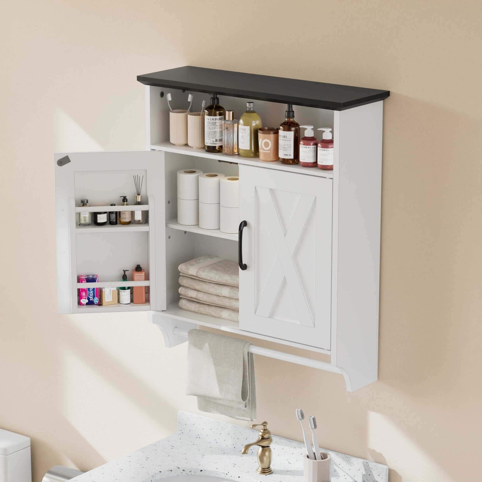 Vecelo White Wall Mounted Cabinet With Adjustable Led Sensor Light Towel Bar Bathroom Kitchen Storage Organizer For Small Spaces