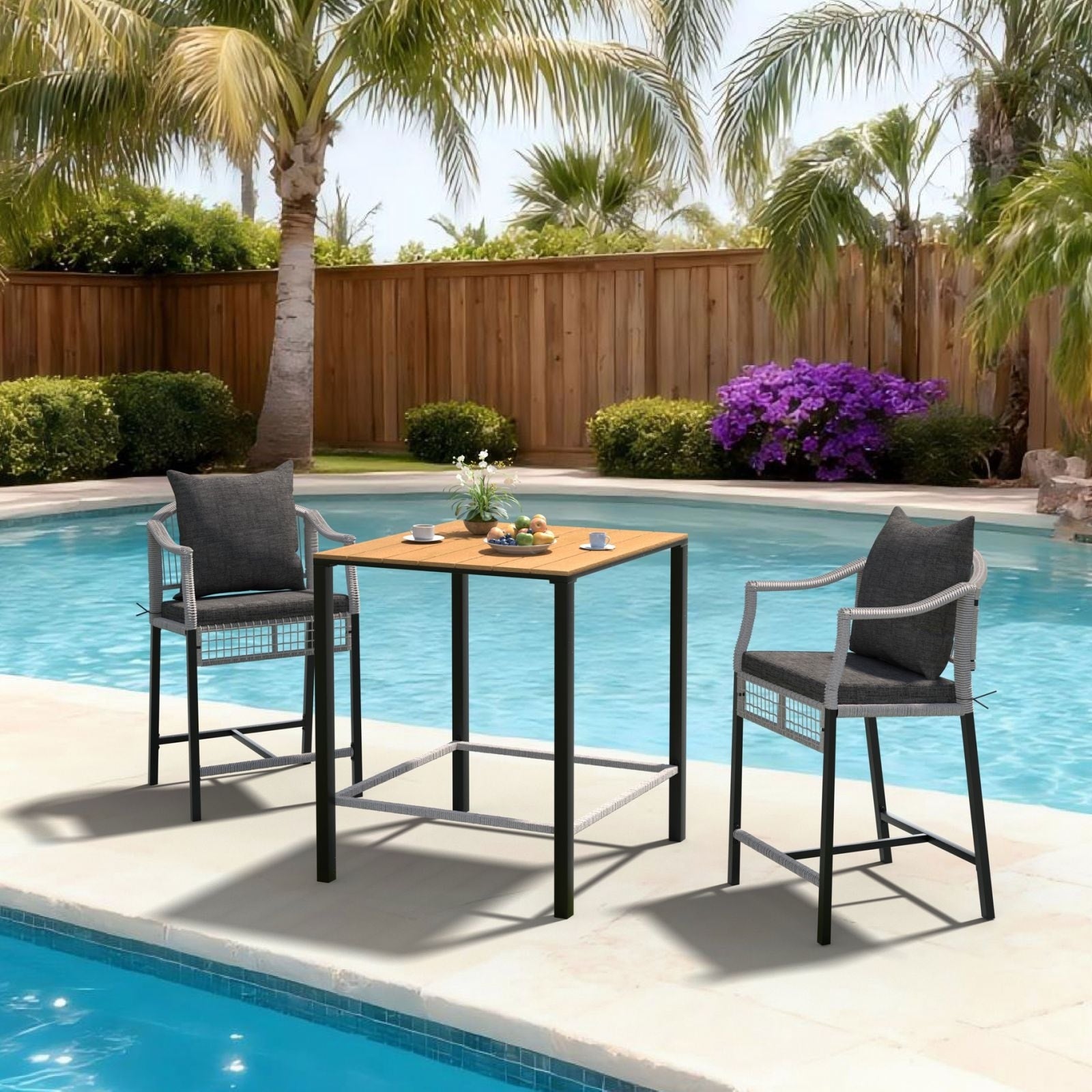 Veikous 3 Piece Outdoor Bar Table Set Patio Bar Set With Wicker Backrest And Stools N A