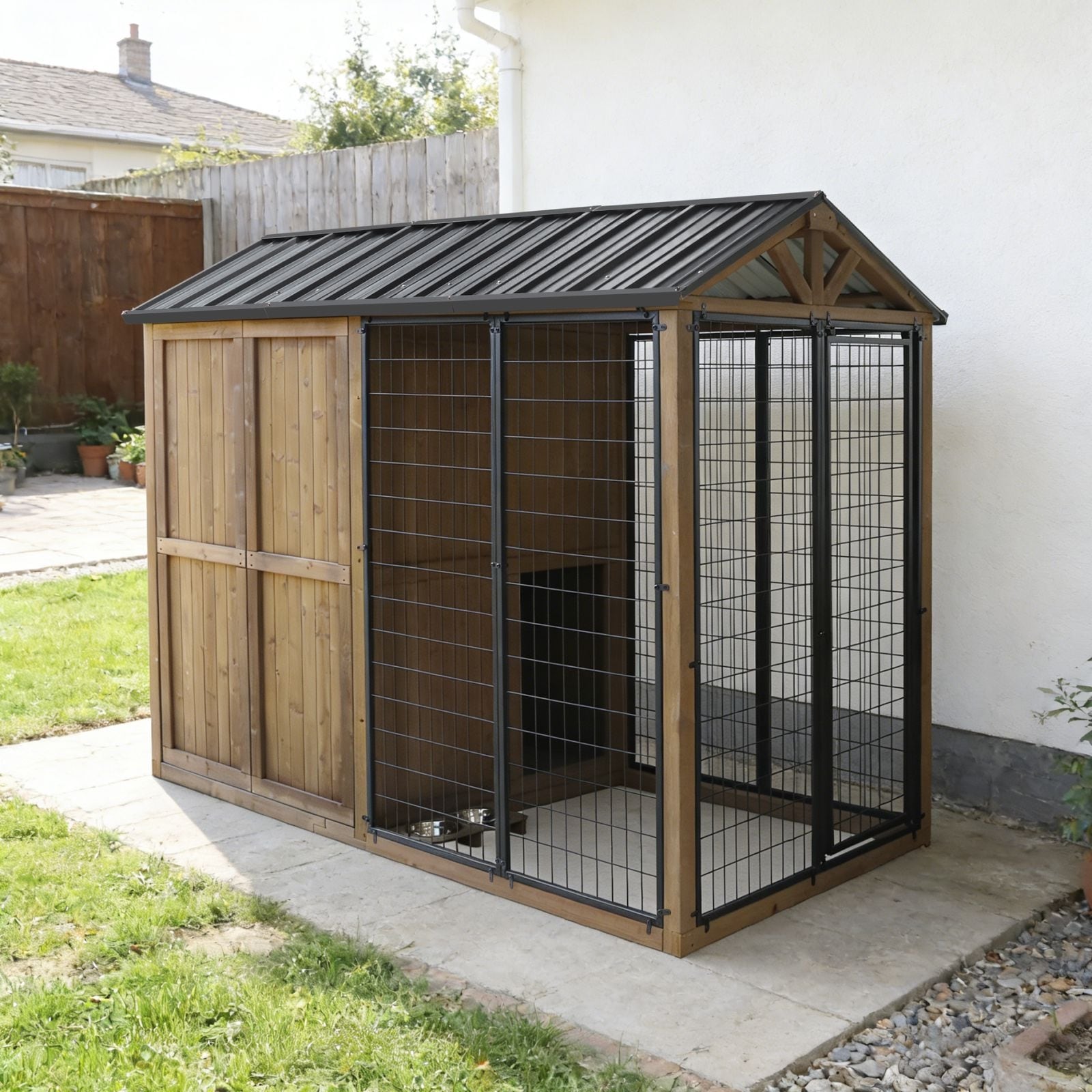 Veikous Large Outdoor Integrated Dog House With Run Natural Cedar Wood Construction Brown 4 8Ft