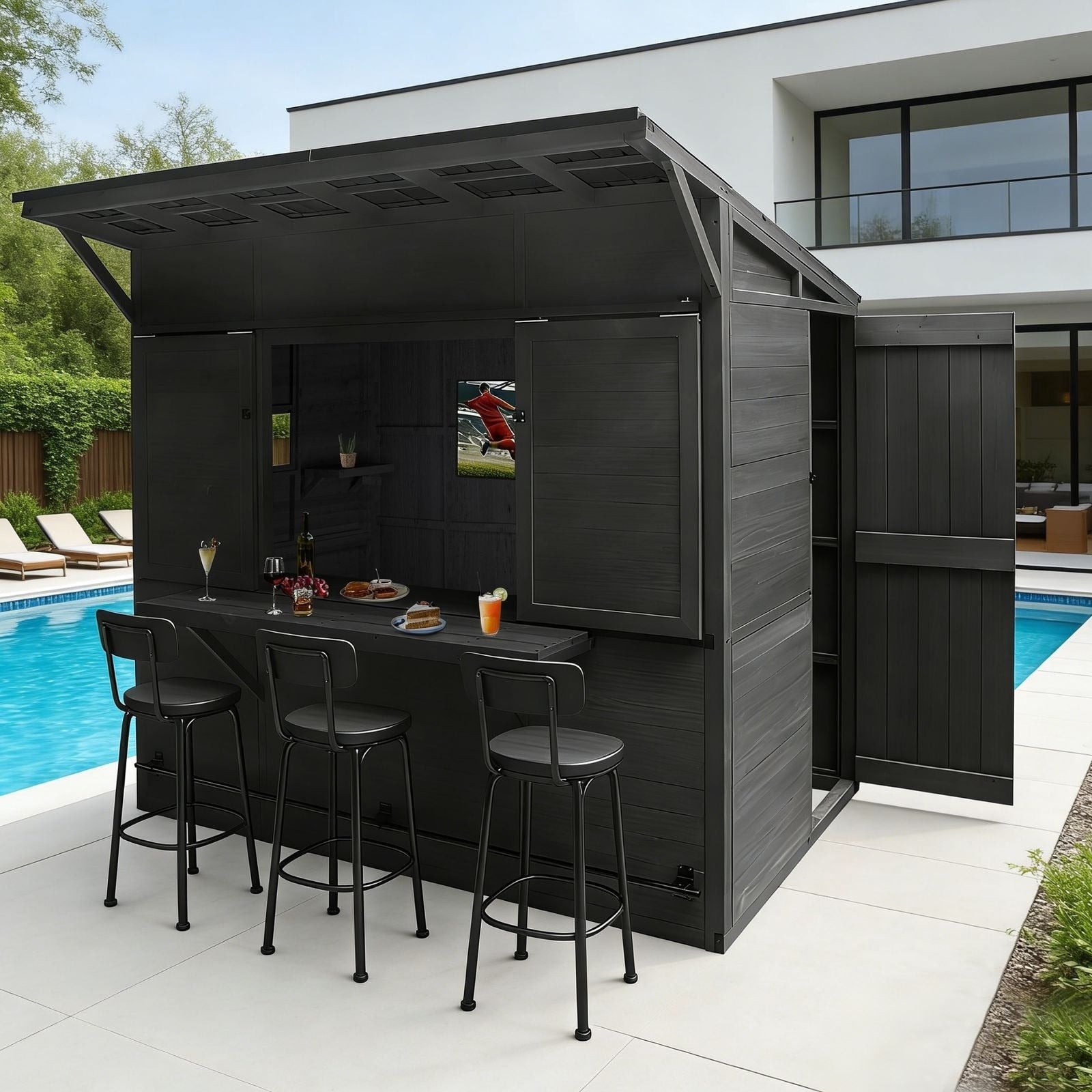 Veikous Outdoor Garden Bar Hut With Sloped Metal Roof Secure Door Lock