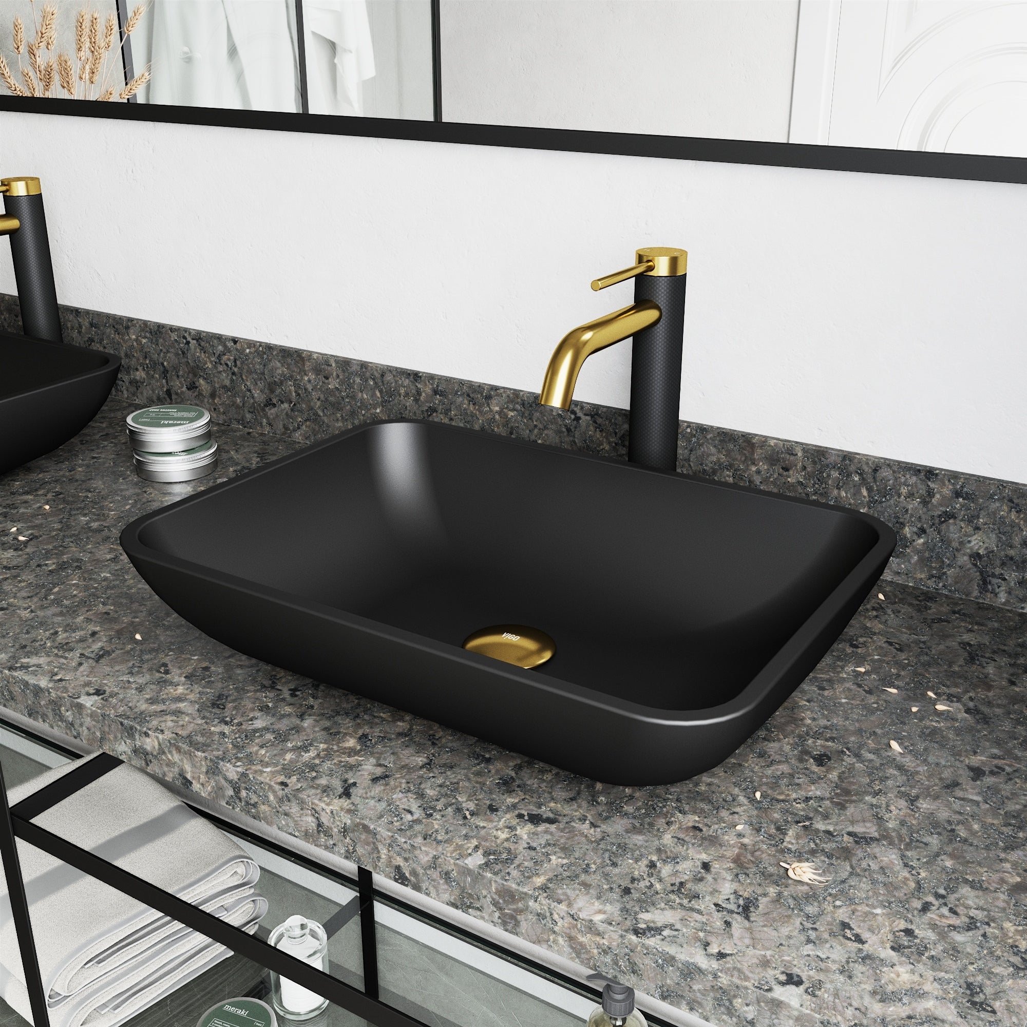 Vigo Black Sottile Matte Shell Vessel Bathroom Sink And Lexington Cfiber Faucet In Matte Brushed Gold And Matte Black