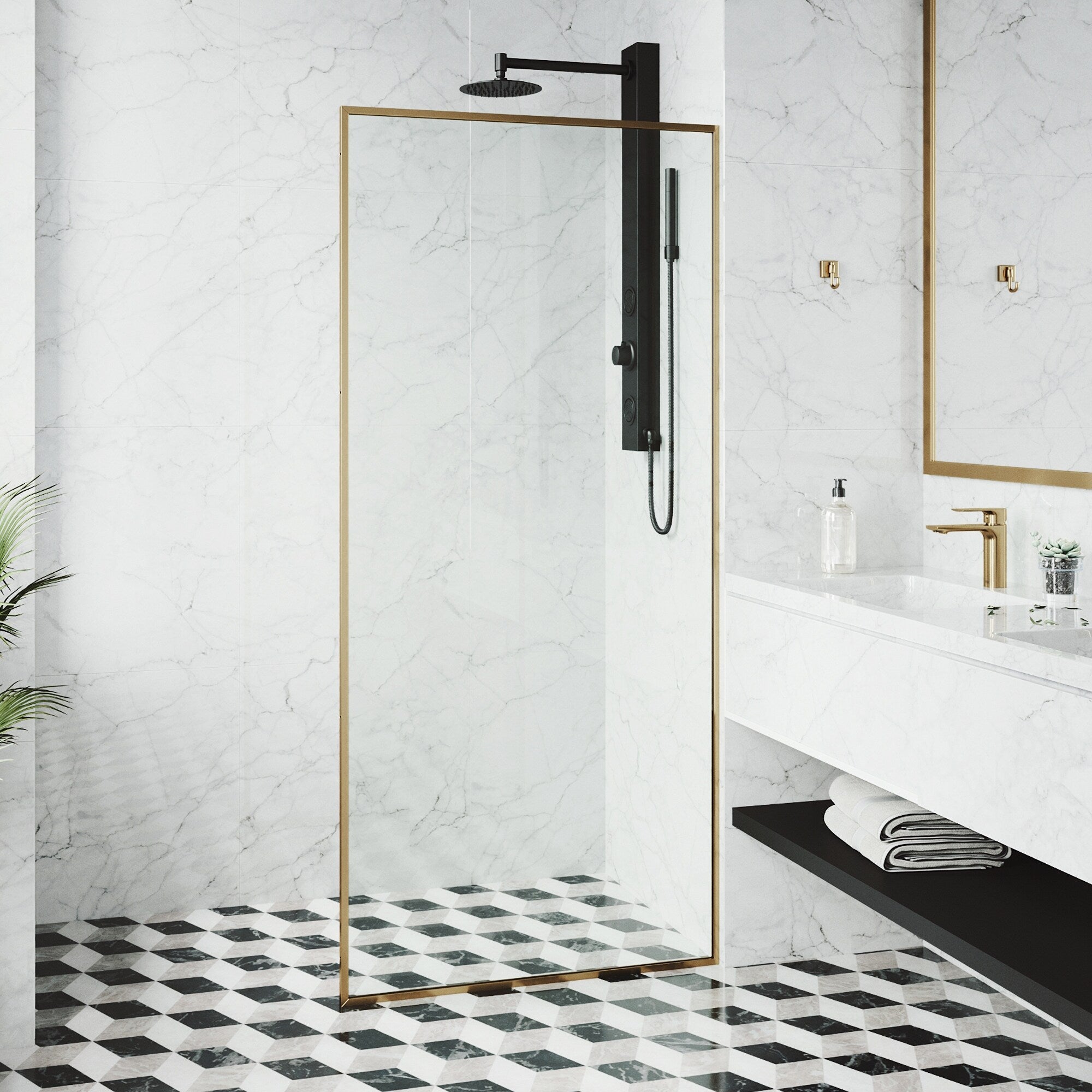 Vigo 34 In Meridian Fixed Frame Clear 0.375 Tempered Class Glass Reversible Shower Screen In Matte Brushed Gold Finish