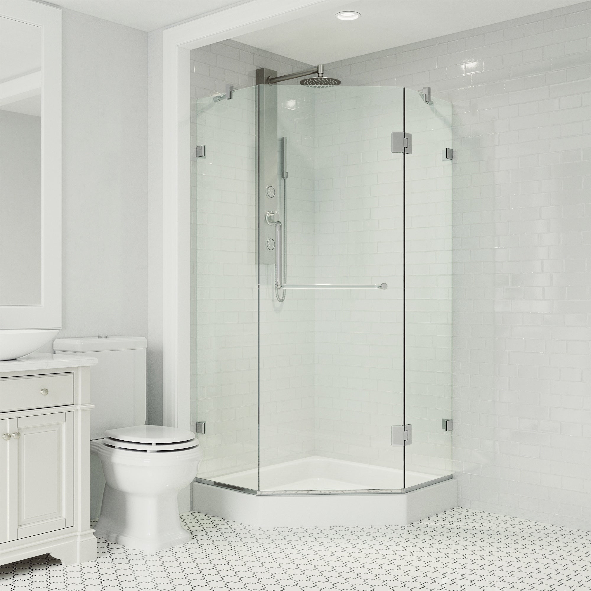Vigo 38 X 38 Frameless Neo Angle Clear Shower Enclosure And White Base