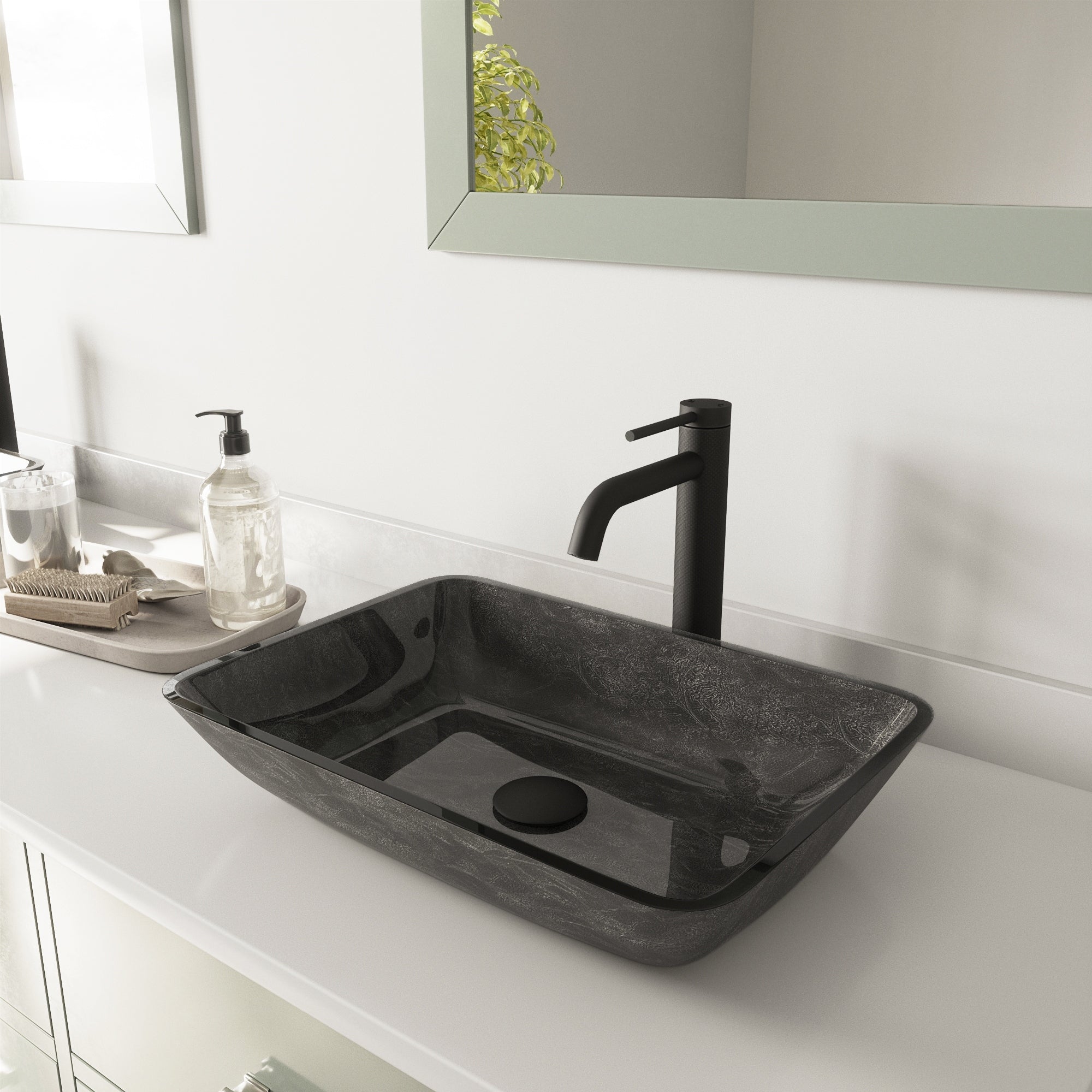 Vigo Rectangular Gray Onyx Glass Vessel Bathroom Sink And Lexington Cfiber Vessel Faucet Set In Matte Black