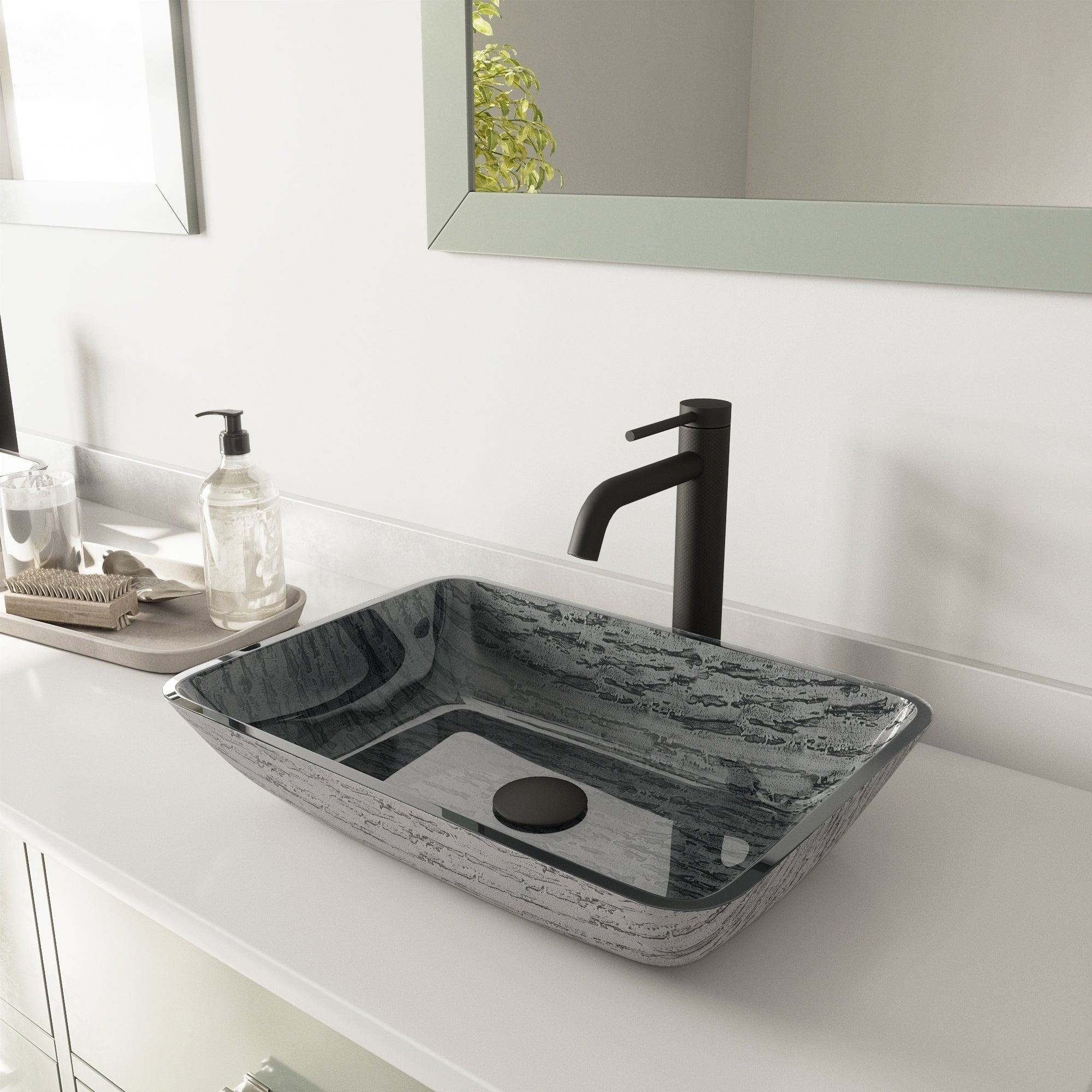 Vigo Rectangular Titanium Glass Vessel Bathroom Sink And Lexington Cfiber Vessel Faucet Set In Matte Black