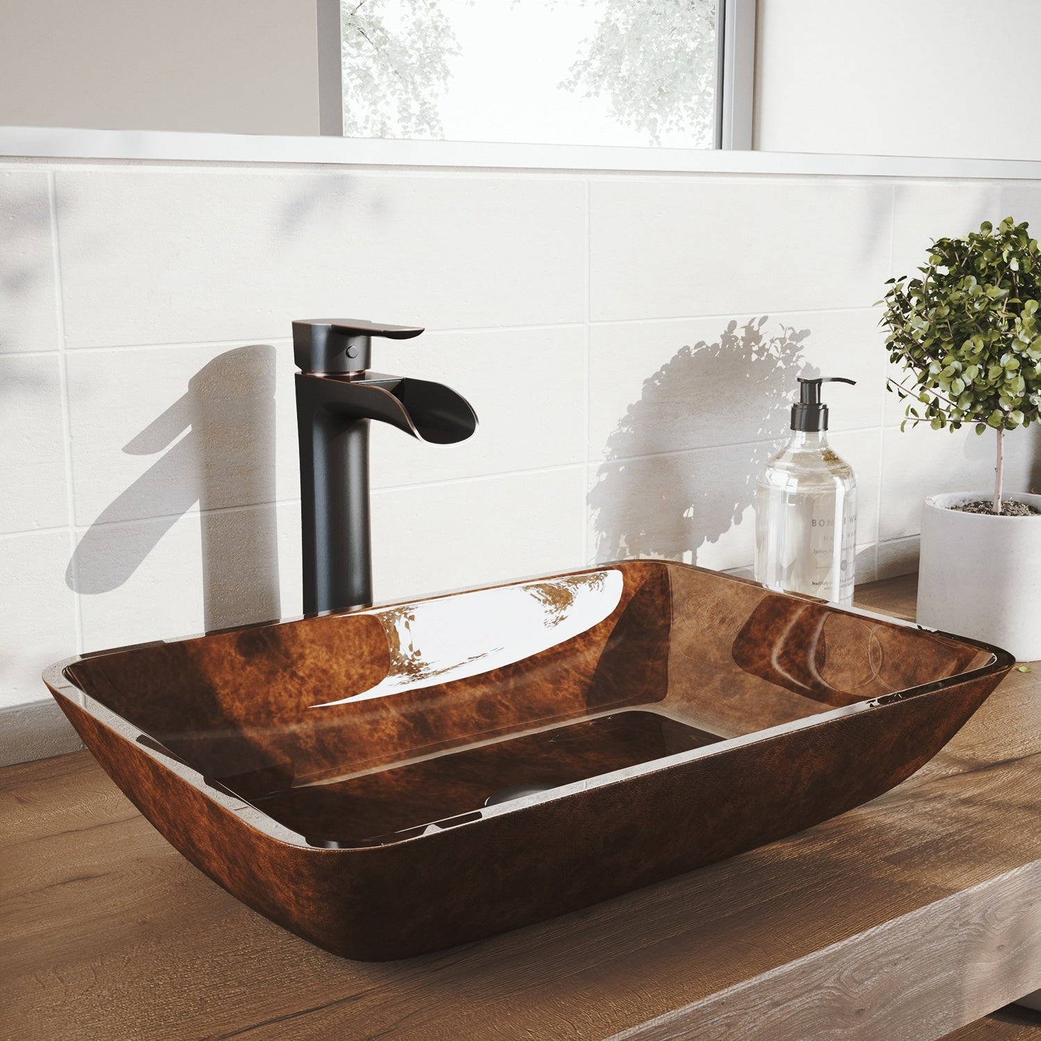 Vigo 18 In. Rectangular Russet Glass Vessel Bathroom Sink Set With Niko Vessel Faucet In Antique Rubbed Bronze