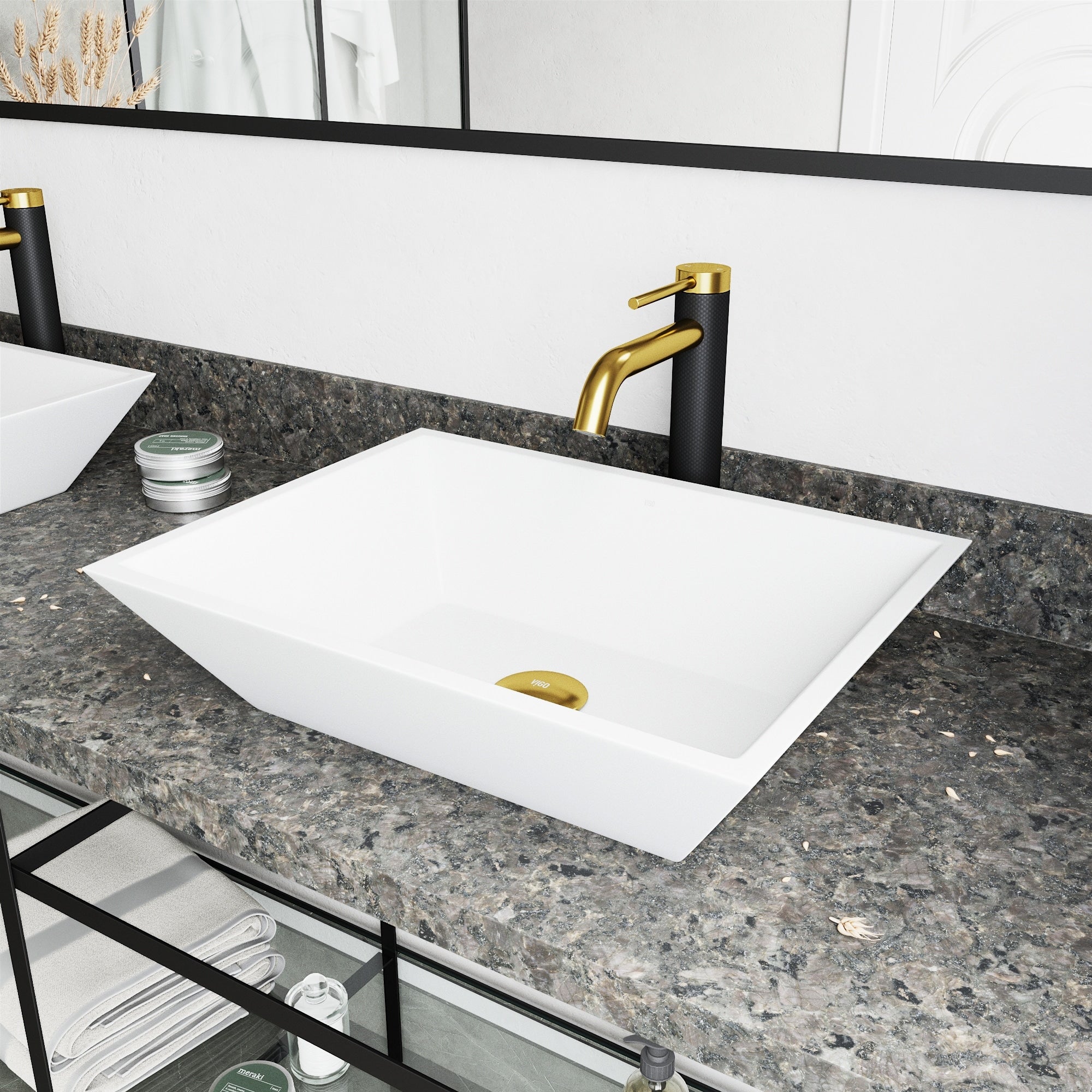 Vigo Vinca Matte Stone Vessel Bathroom Sink And Lexington Cfiber Faucet In Matte Brushed Gold And Matte Black