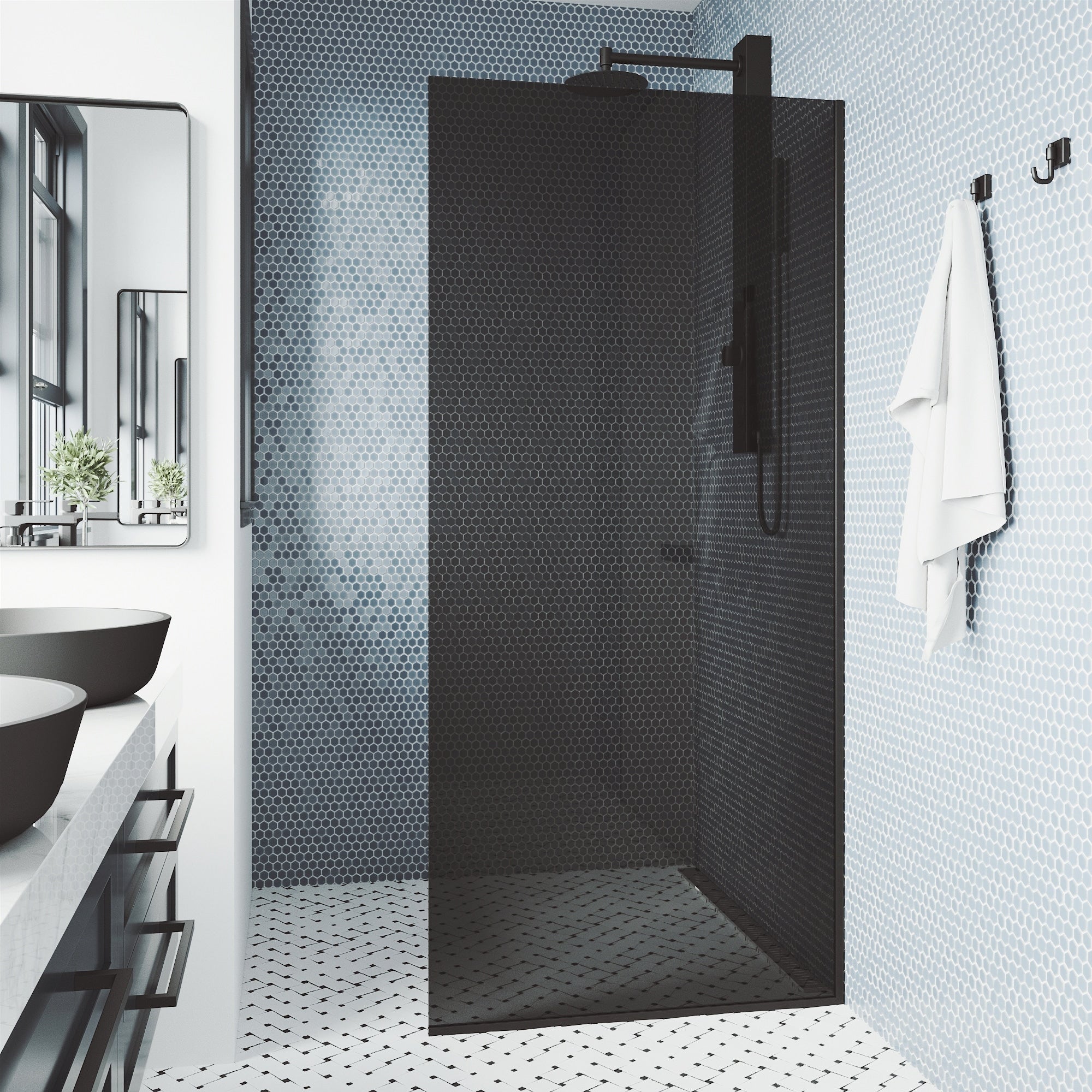 Vigo Zenith 34 In. X 74 In. Frameless Fixed Glass Shower Screen In Matte Black With Black Glass