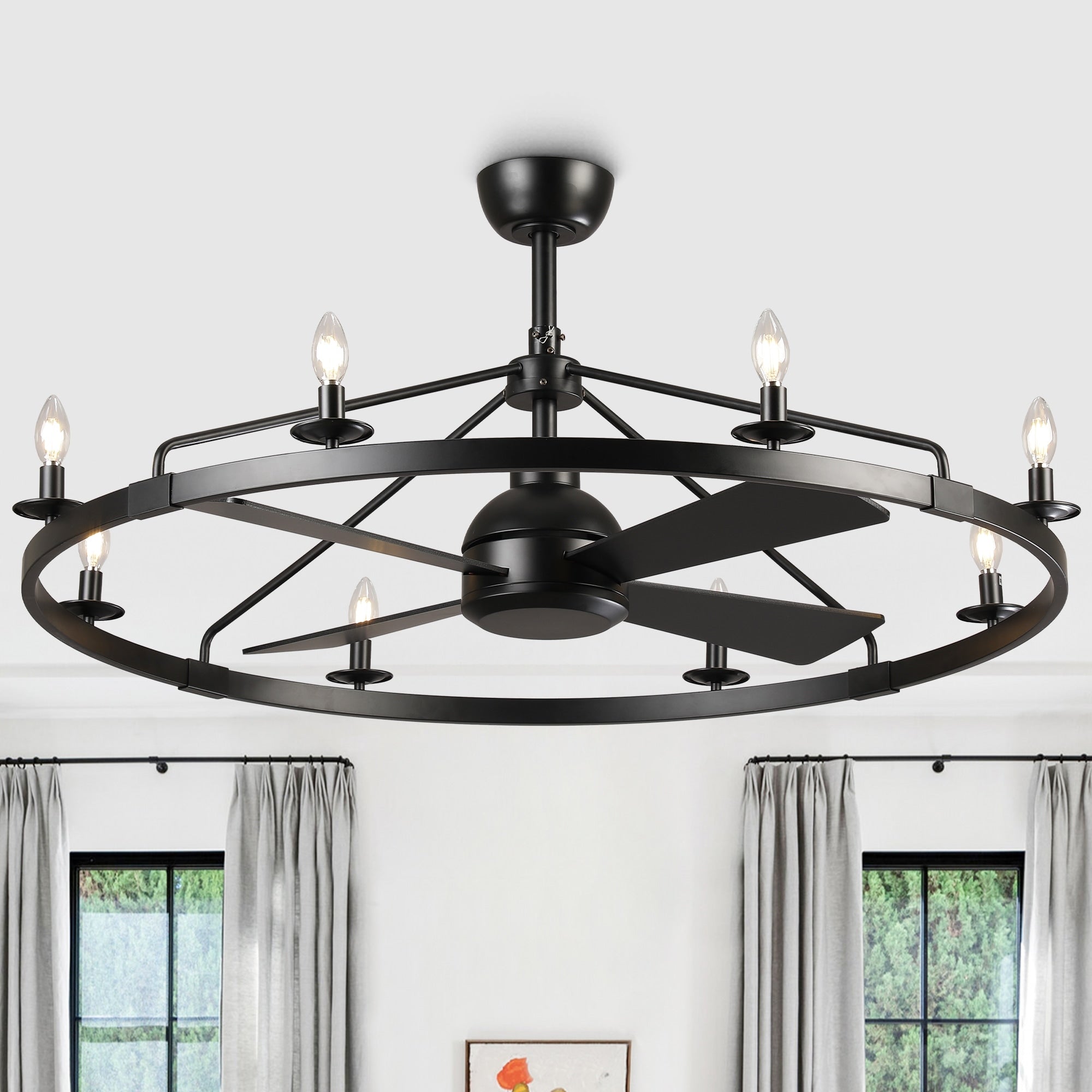 Vaczon 43 Industrial Black Wagon Wheel Caged Ceiling Fan With Remote And Light Kit