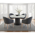 Valencia 5 Pc Round Dining Table Set W 54 White Faux Marble Top Gray Fluted Pedestal Base 4 Gray Upholstered Barrel Chairs