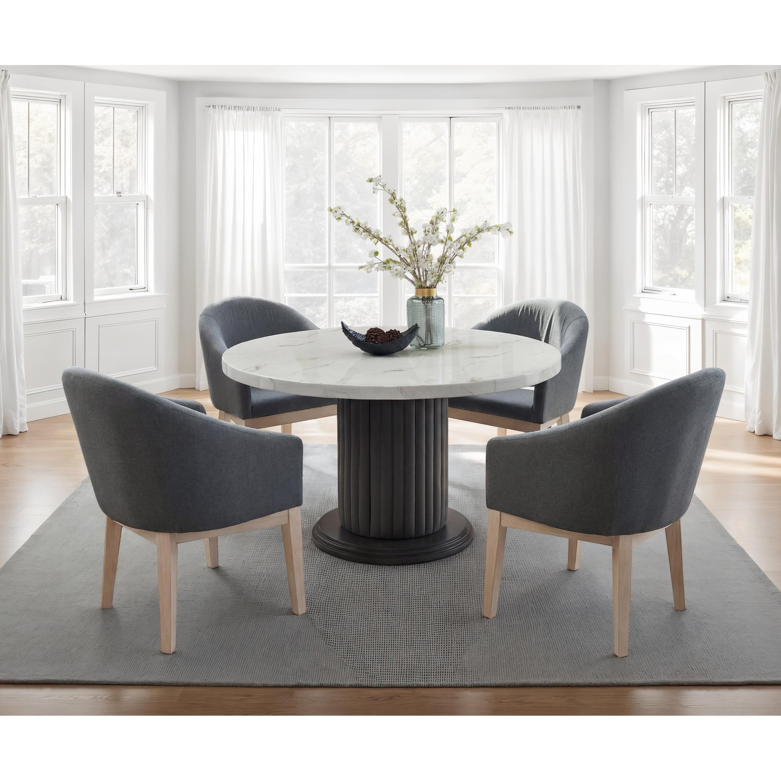 Valencia 5 Pc Round Dining Table Set W 54 White Faux Marble Top Gray Fluted Pedestal Base 4 Gray Upholstered Barrel Chairs