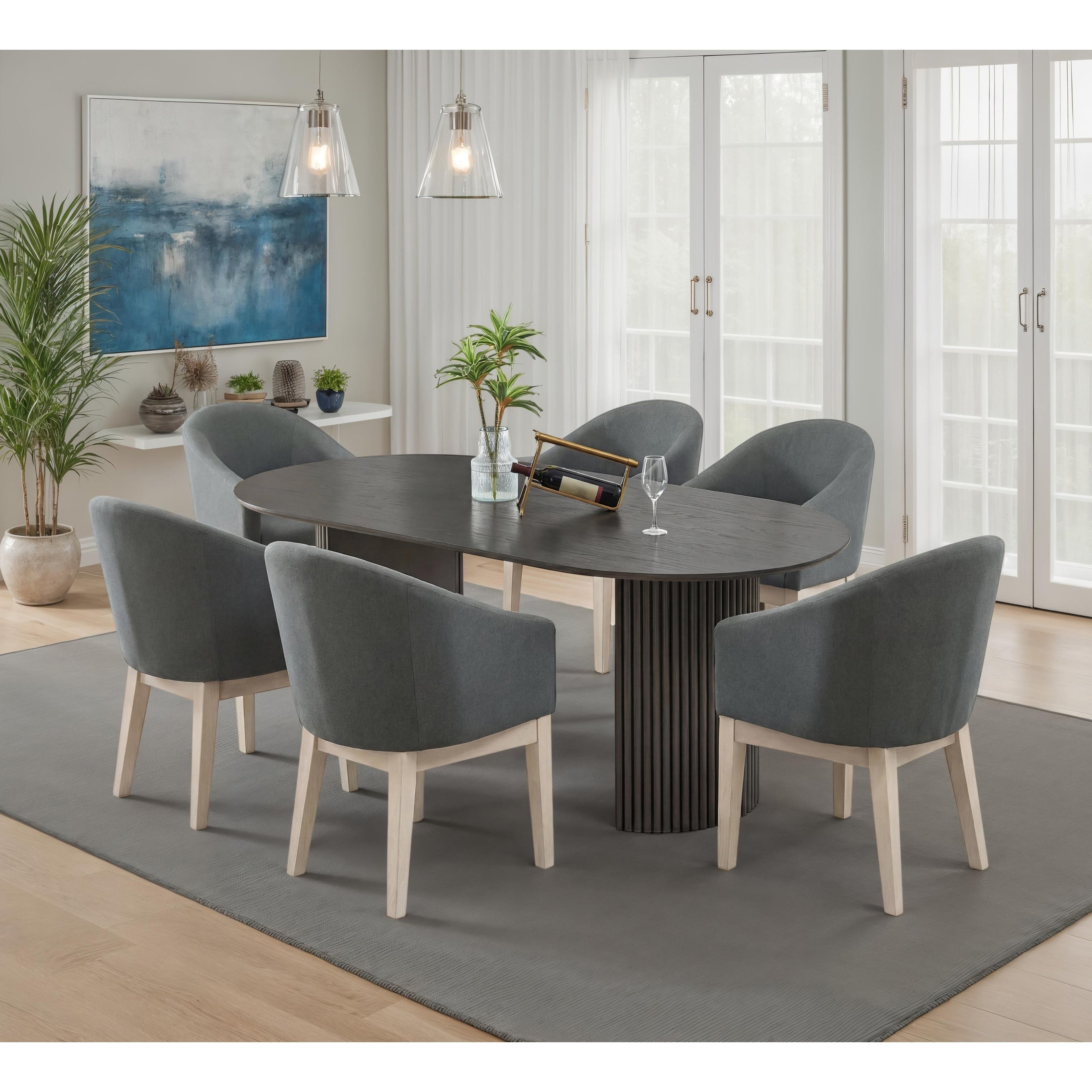 Valencia 7 Piece Dining Set With 80 Gray Oak Finish Oval Table Dual Pedestal Base 6 Gray Upholstered Barrel Chairs