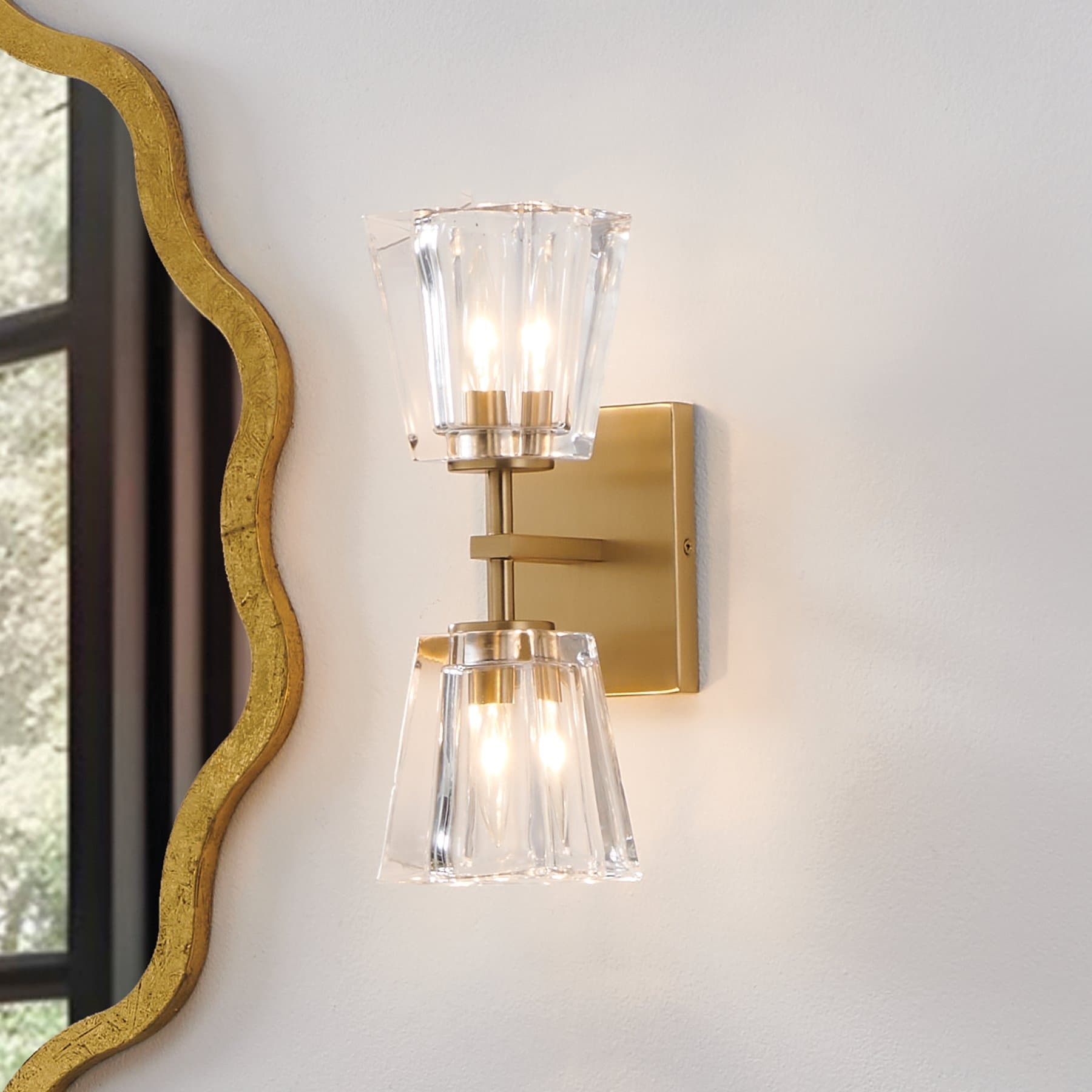 Valentin 13 Inch 2 Light Champagne Gold Vanity Light With Clear Pressed Glass Shades