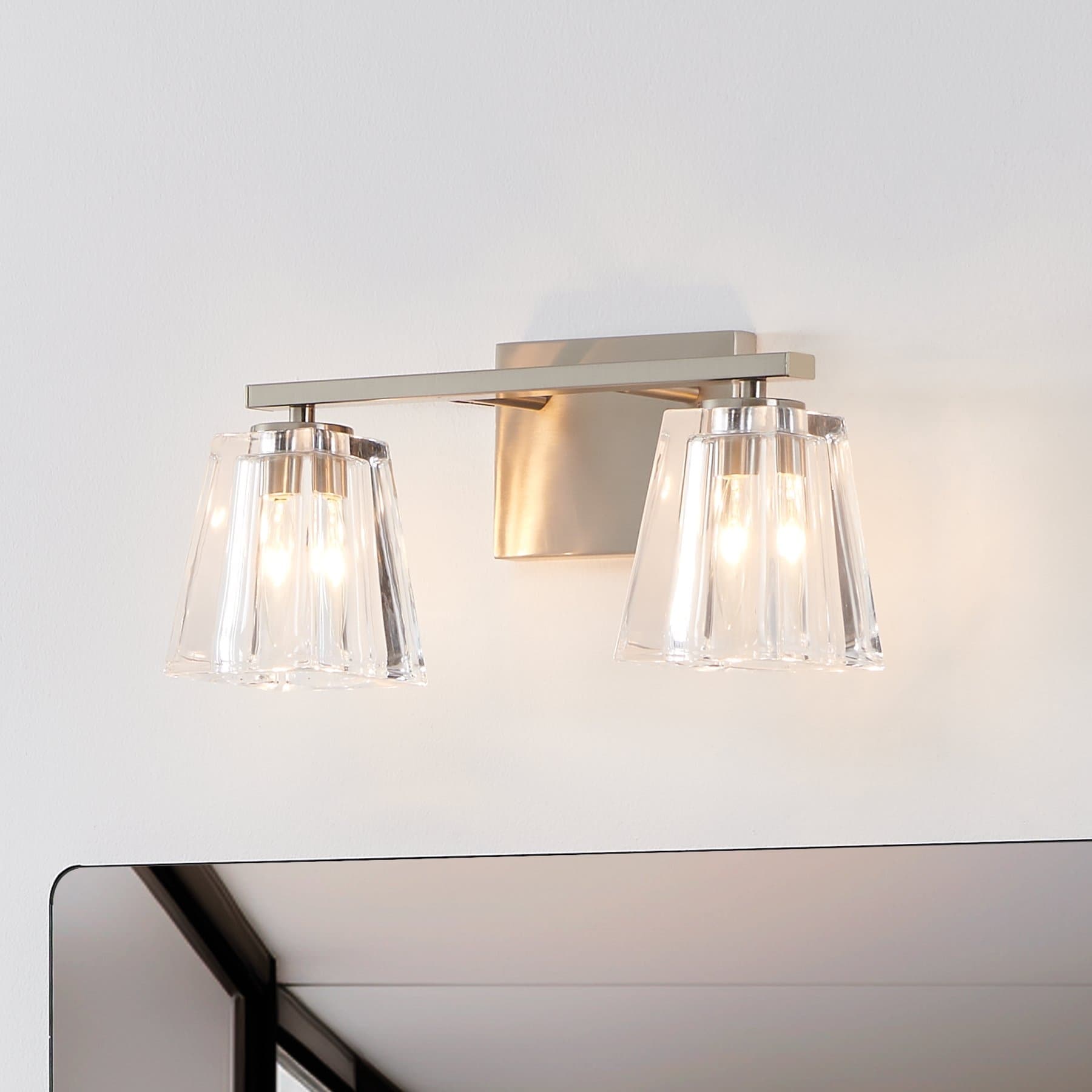 Valentin 15 Inch 2 Light Brushed Nickel Vanity Light With Clear Pressed Glass Shades