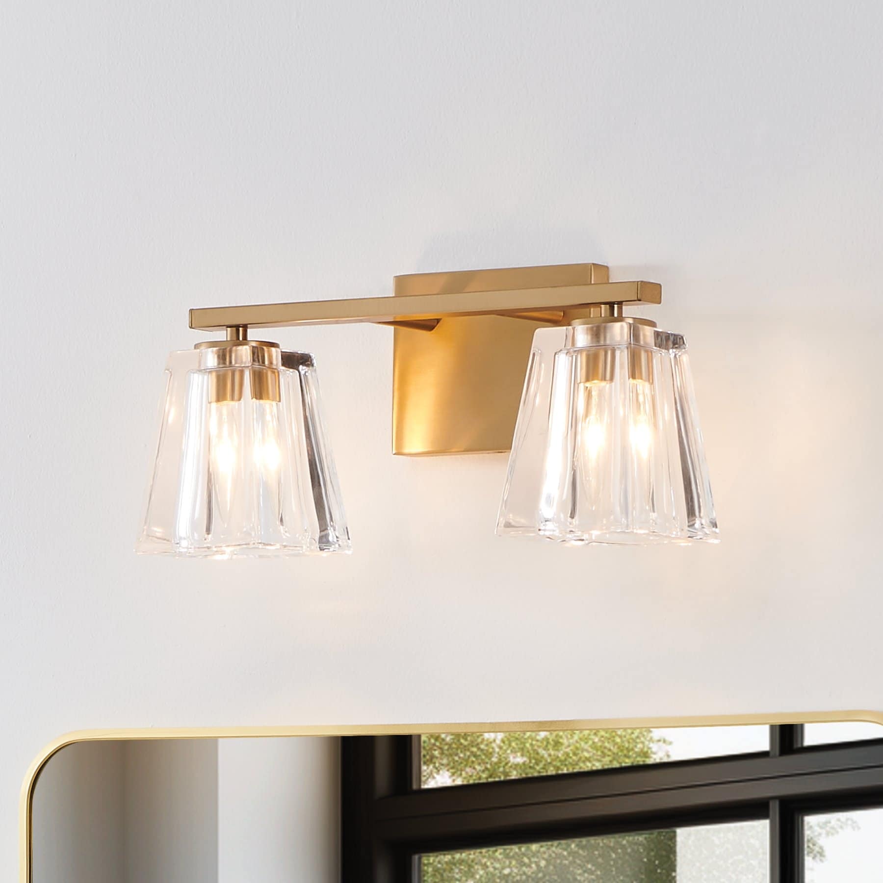 Valentin 15 Inch 2 Light Champagne Gold Vanity Light With Clear Pressed Glass Shades