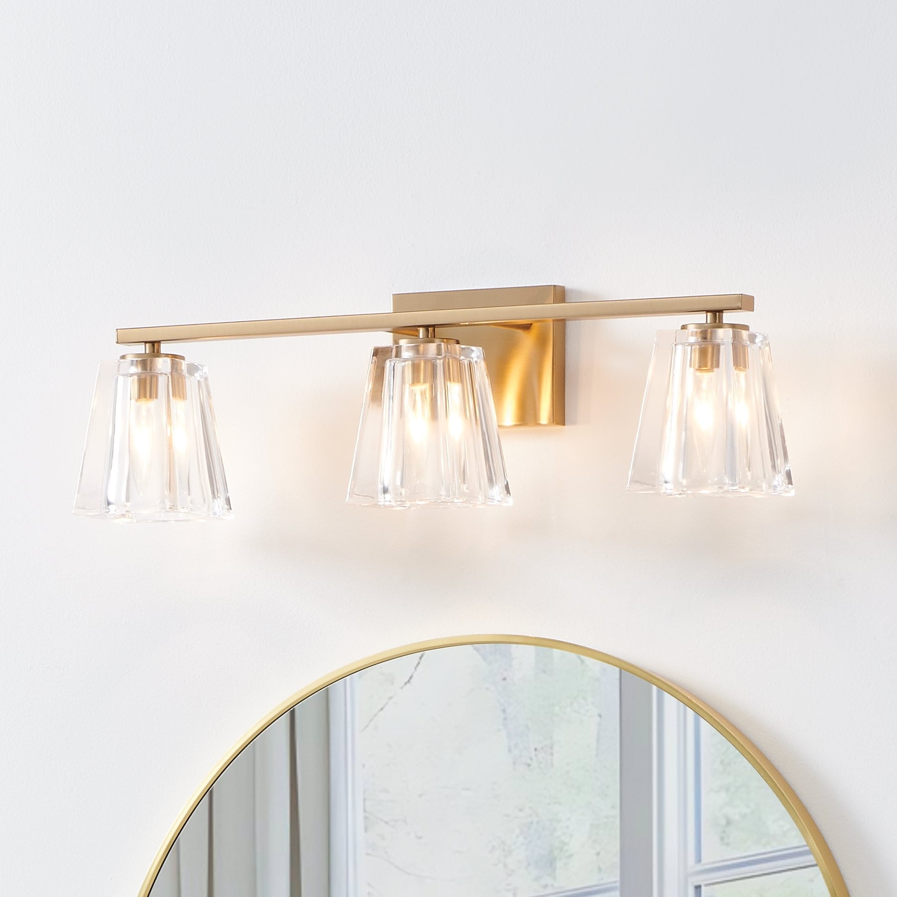 Valentin 24 Inch 3 Light Champagne Gold Vanity Light With Clear Pressed Glass Shades