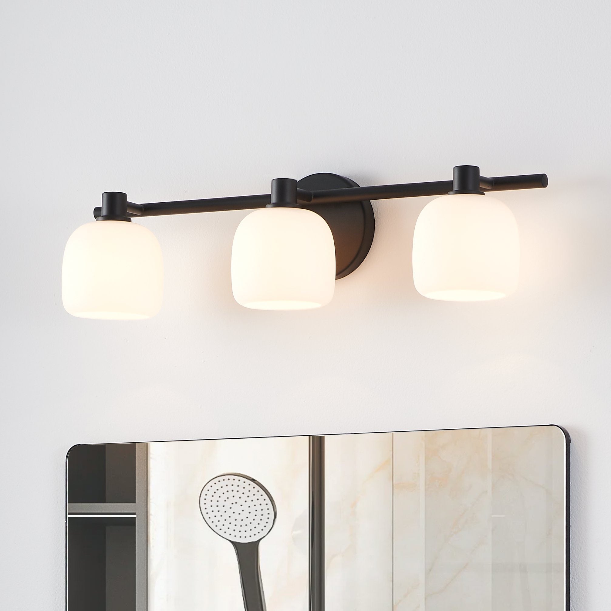 Valentina 24 Inch 3 Light Matte Black Vanity Light With Etched Opal Glass Shades