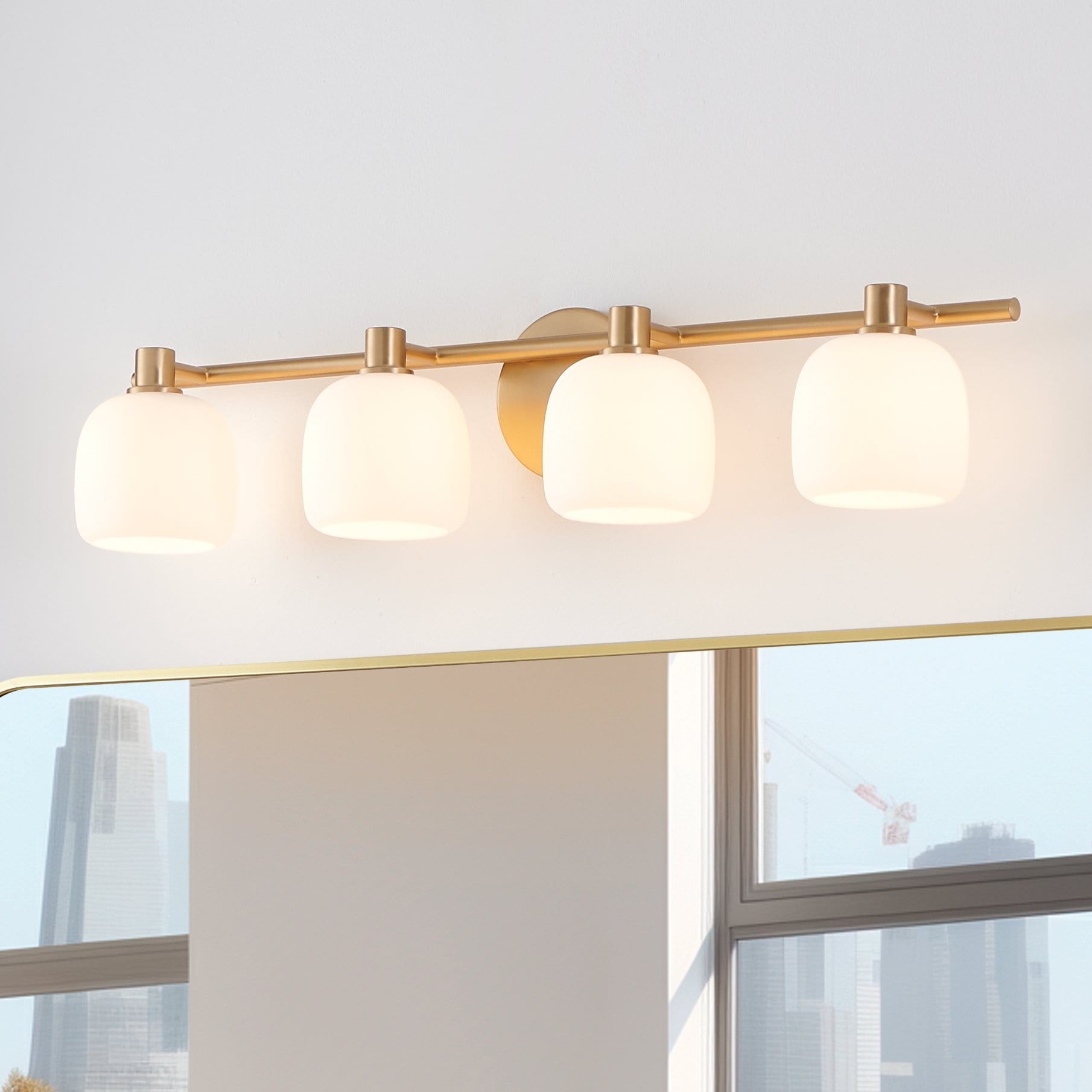 Valentina 30 Inch 4 Light Champagne Gold Vanity Light With Etched Opal Glass Shades