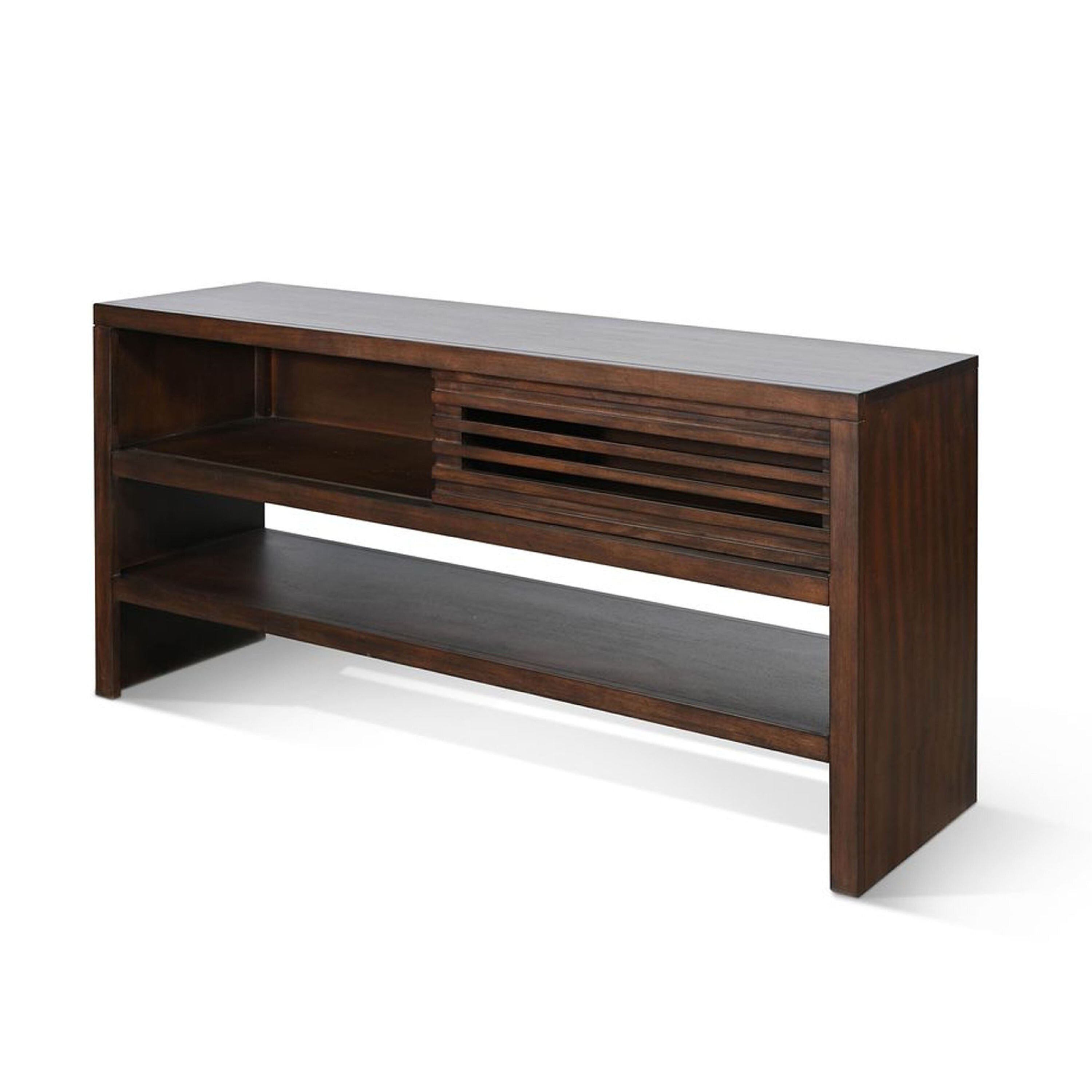 Vani Sofa Table Sliding Door 54 Inch Brown Wood Slatted Design