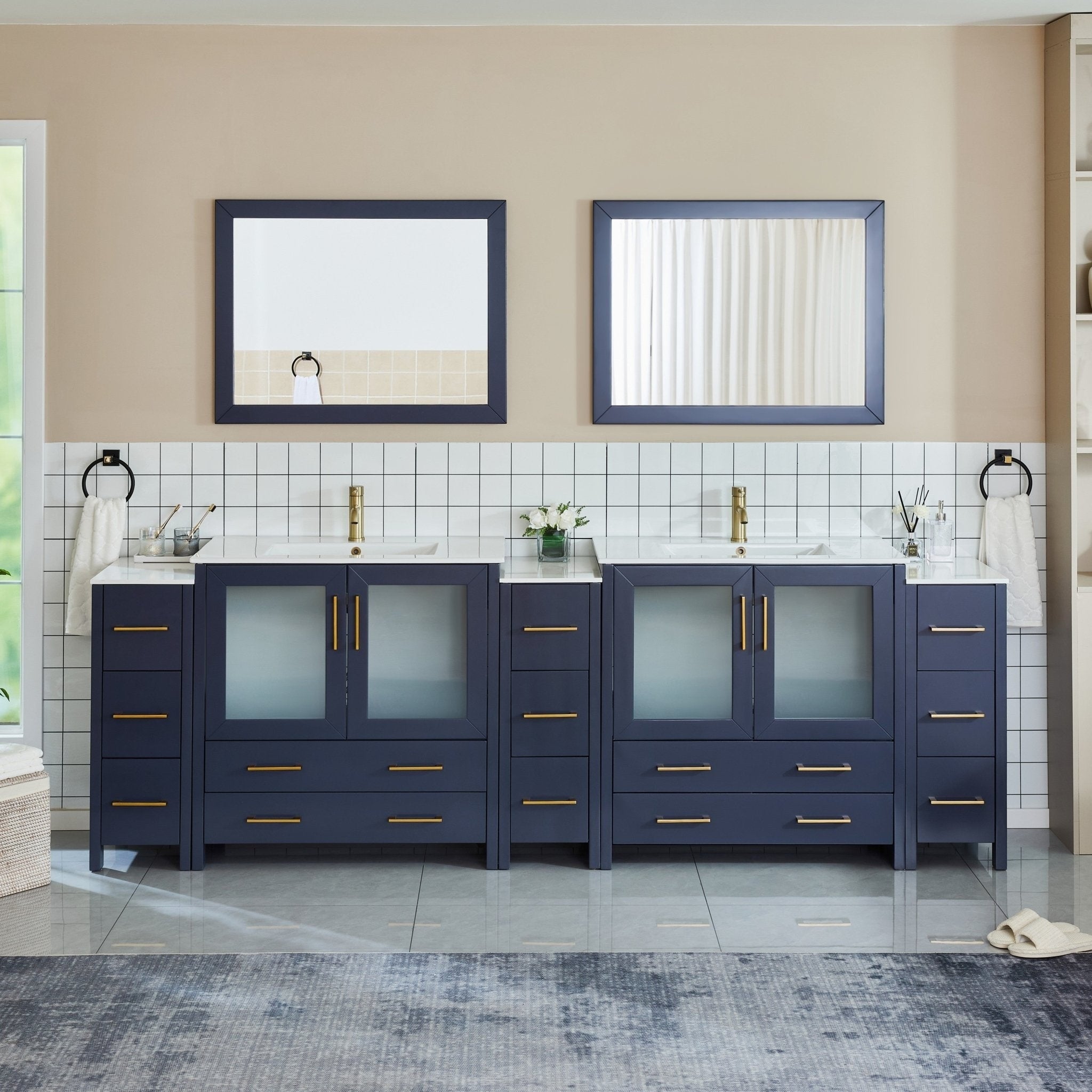 Vanity Art 108 Inch Double Sink Bathroom Vanity Set 13 Drawers 5 Cabinets 2 Shelves Soft Closing Doors With Free Mirror