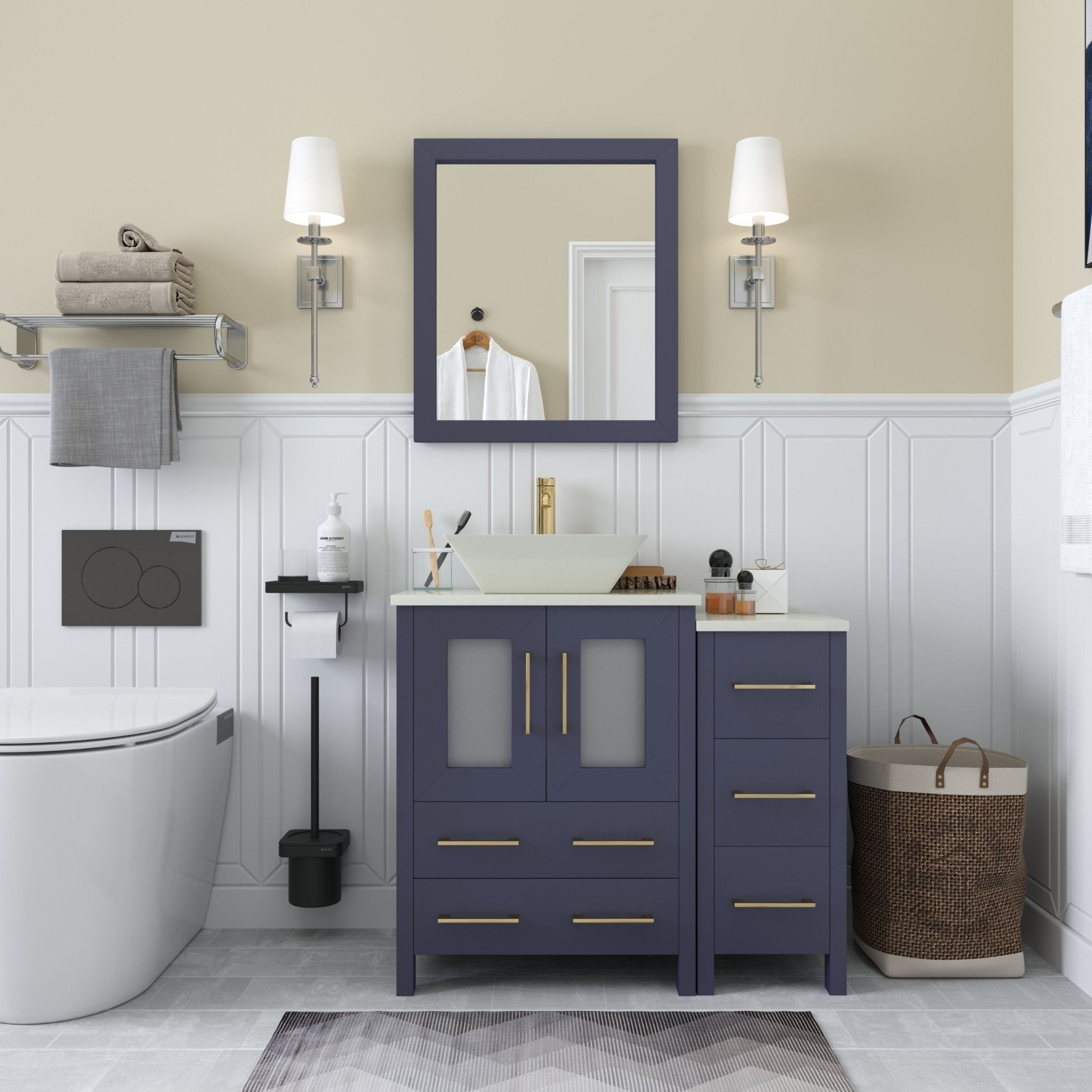 Vanity Art 48 Bathroom Vanity Combo Set Single Ceramic Vessel Sink Solid Wood Storage Cabinet With Quartz Top Free Mirror