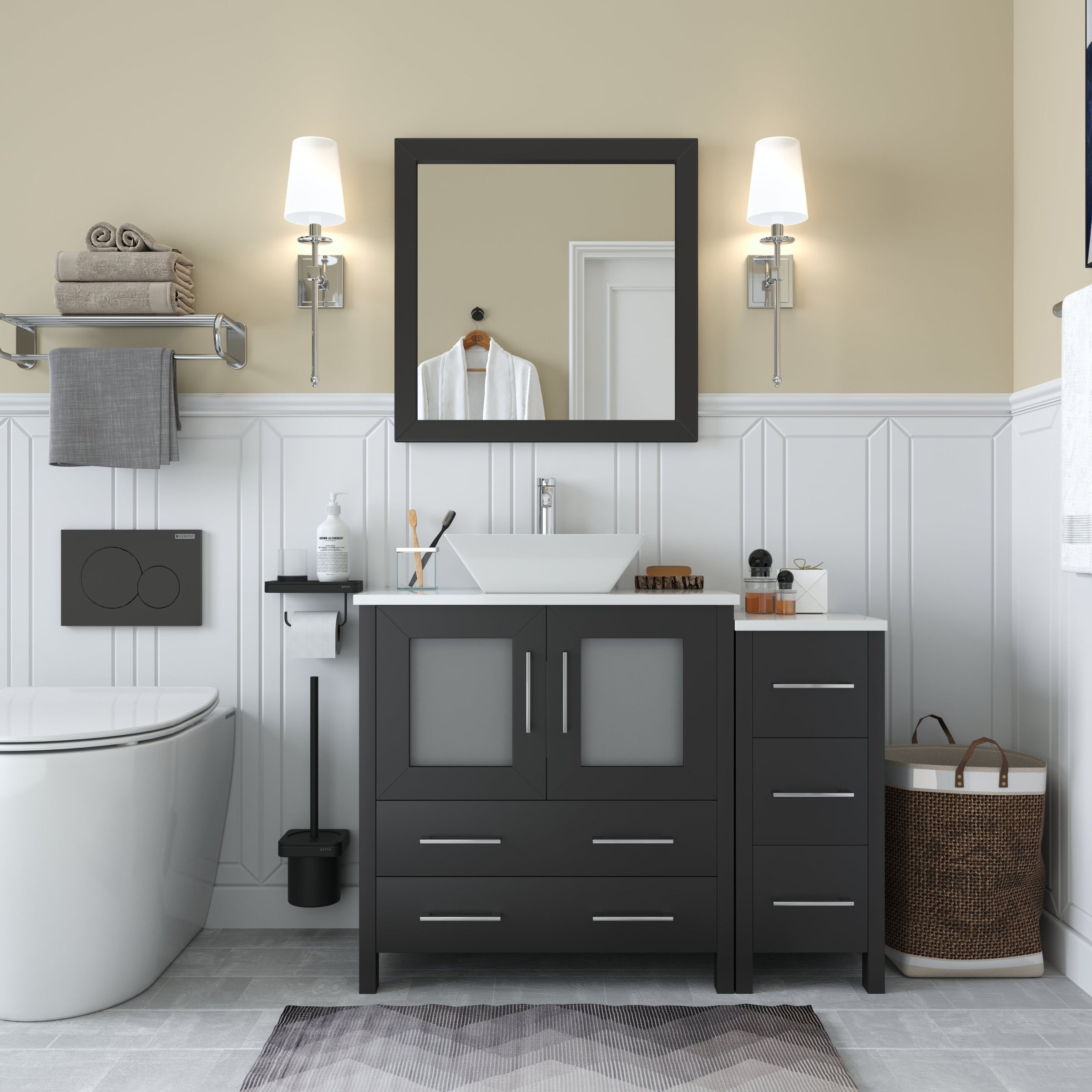 Vanity Art 42 Inch Single Sink Bathroom Vanity Set Modern Slim 5 Drawer White Quartz Top 2 Soft Closing Doors With Free Mirror