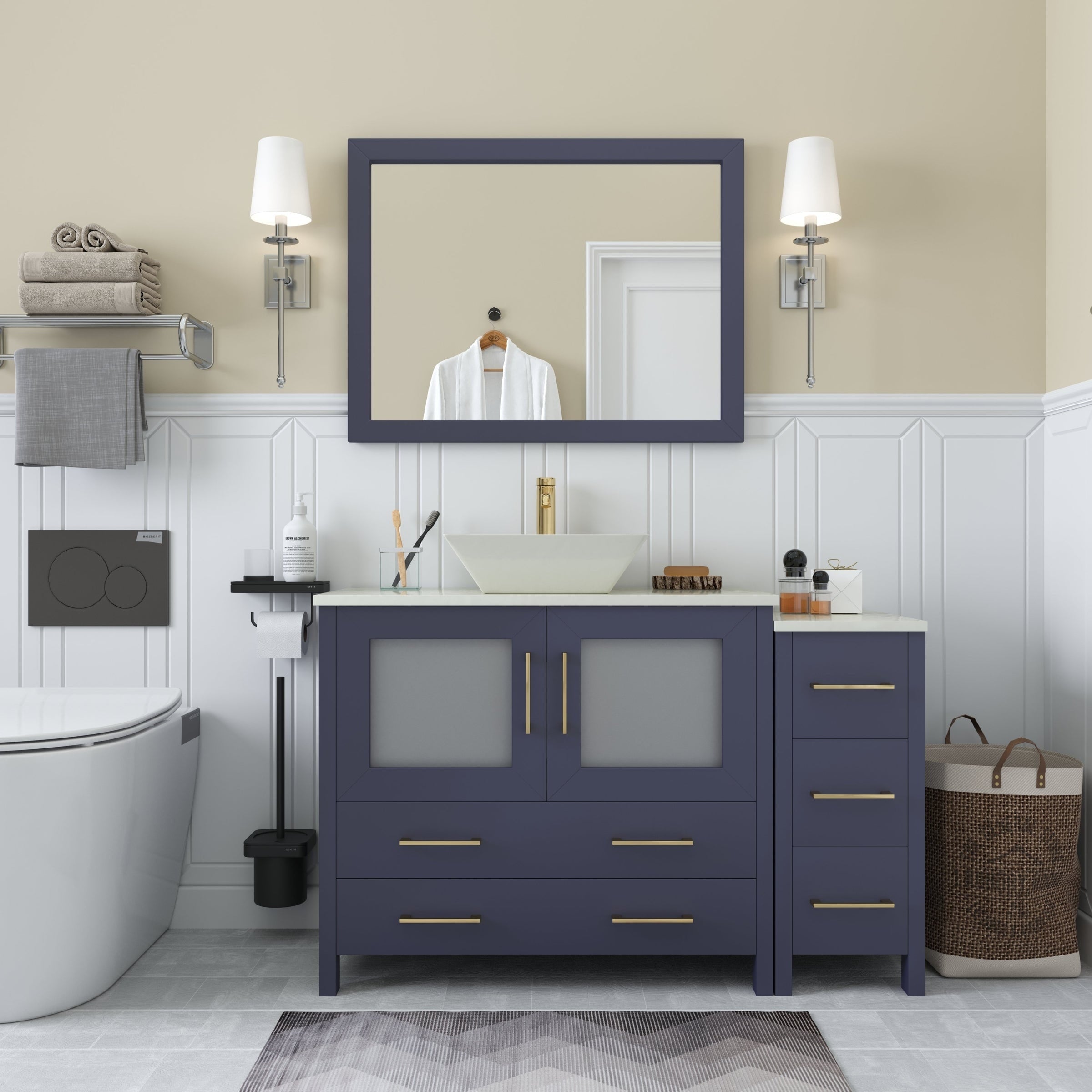 Vanity Art 48 Inch Single Sink Bathroom Vanity Combo Set Modern Cabinet Ceramic Vessel Sink With Quartz Top Free Mirror