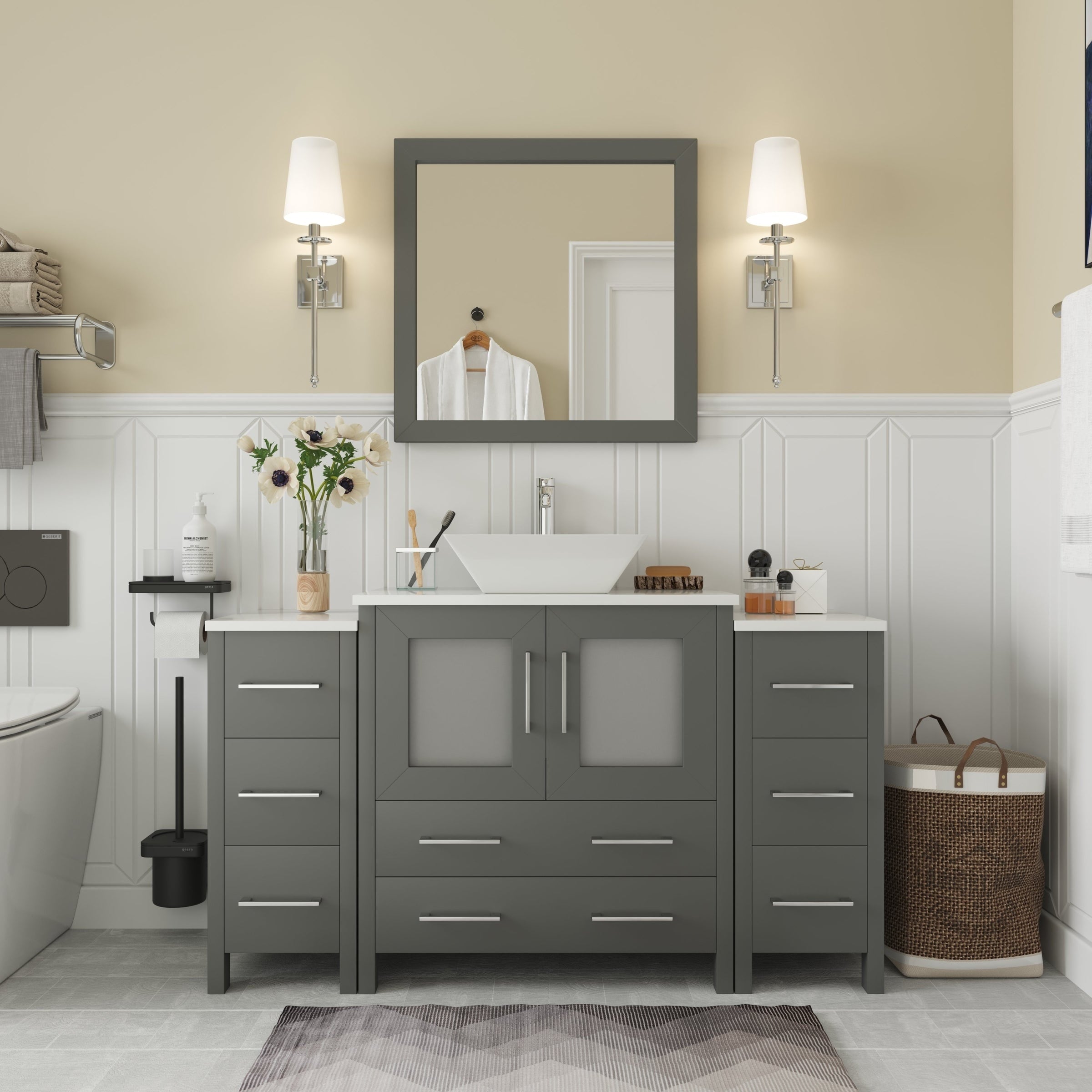 Vanity Art 54 Inch Single Quartz Sink Bathroom Vanity Set 8 Drawers 3 Cabinets 1 Shelf Soft Closing Doors With Free Mirror