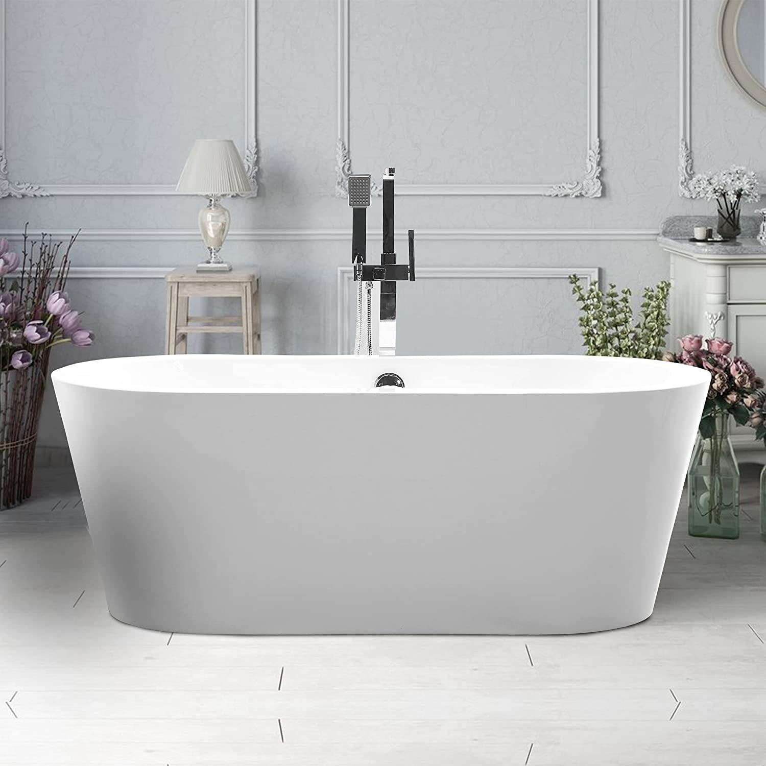 Vanity Art White Acrylic 59 Inch Oval Freestanding Soaking Bathtub