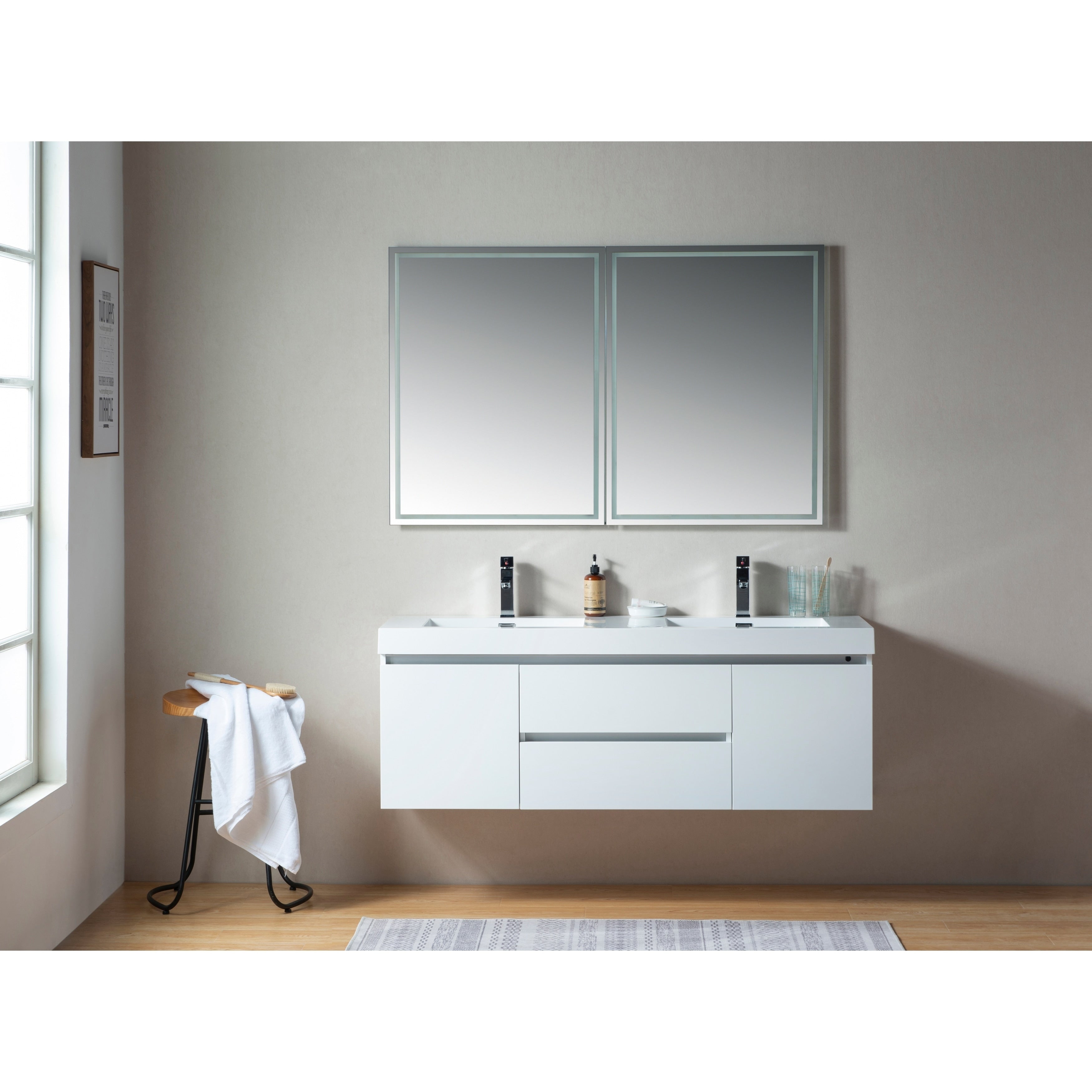 Vanity Art Glossy White Resin Top 60 Inch Wall Hung Double Sink Bathroom Vanity