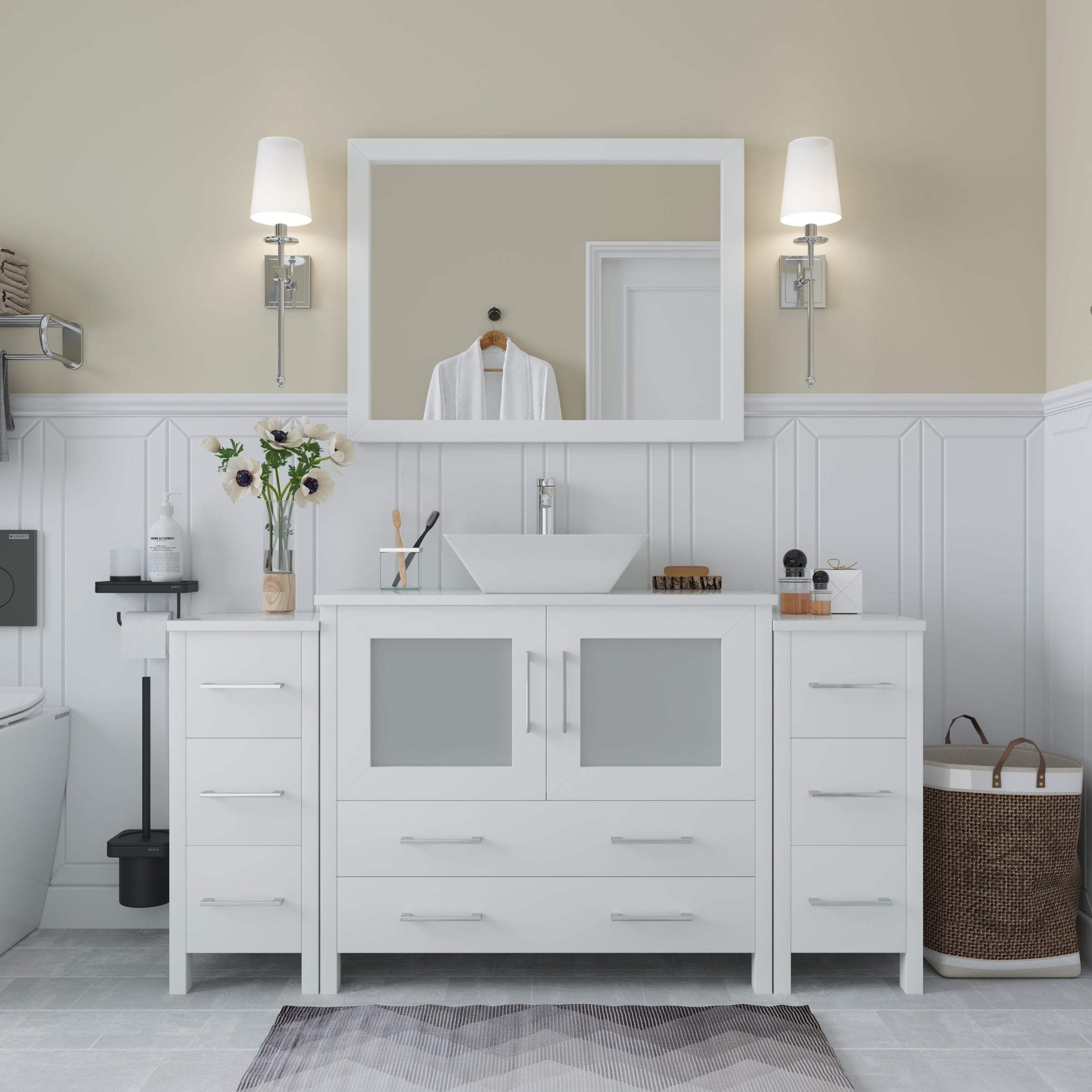 Vanity Art 60 Inch Single Sink Bathroom Vanity Set 8 Drawers 3 Cabinets 1 Shelf Quartz Top With Free Mirror
