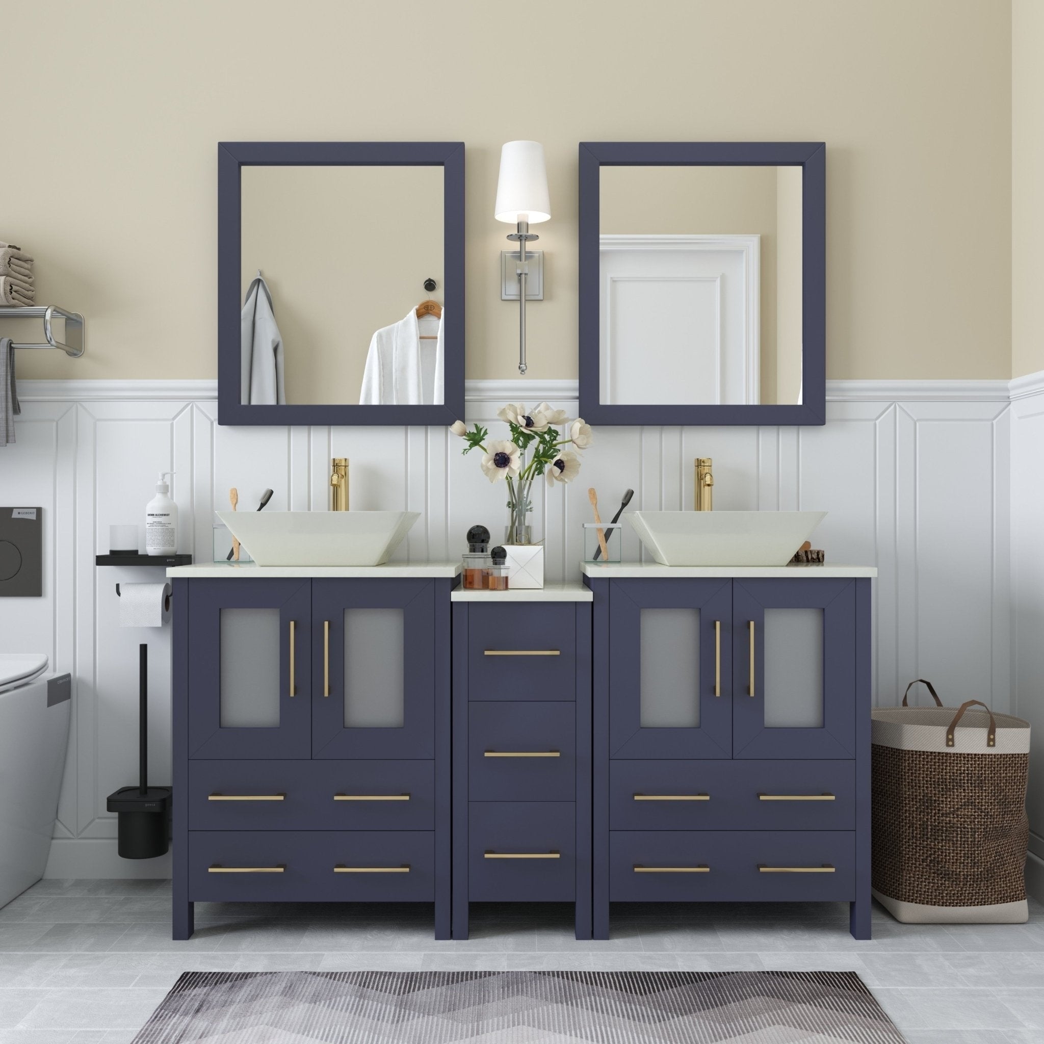 Vanity Art 60 Inch Double Sink Bathroom Vanity Set 7 Drawers 3 Cabinets 2 Shelves Quartz Top With Free Mirror