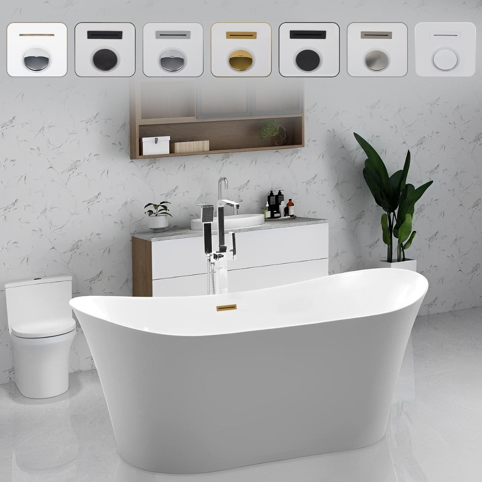 Vanity Art 66.5 Inch Freestanding Acrylic Bathtub Stand Alone Soaking Tub With Chrome Finish Slotted Overflow Pop Up Drain