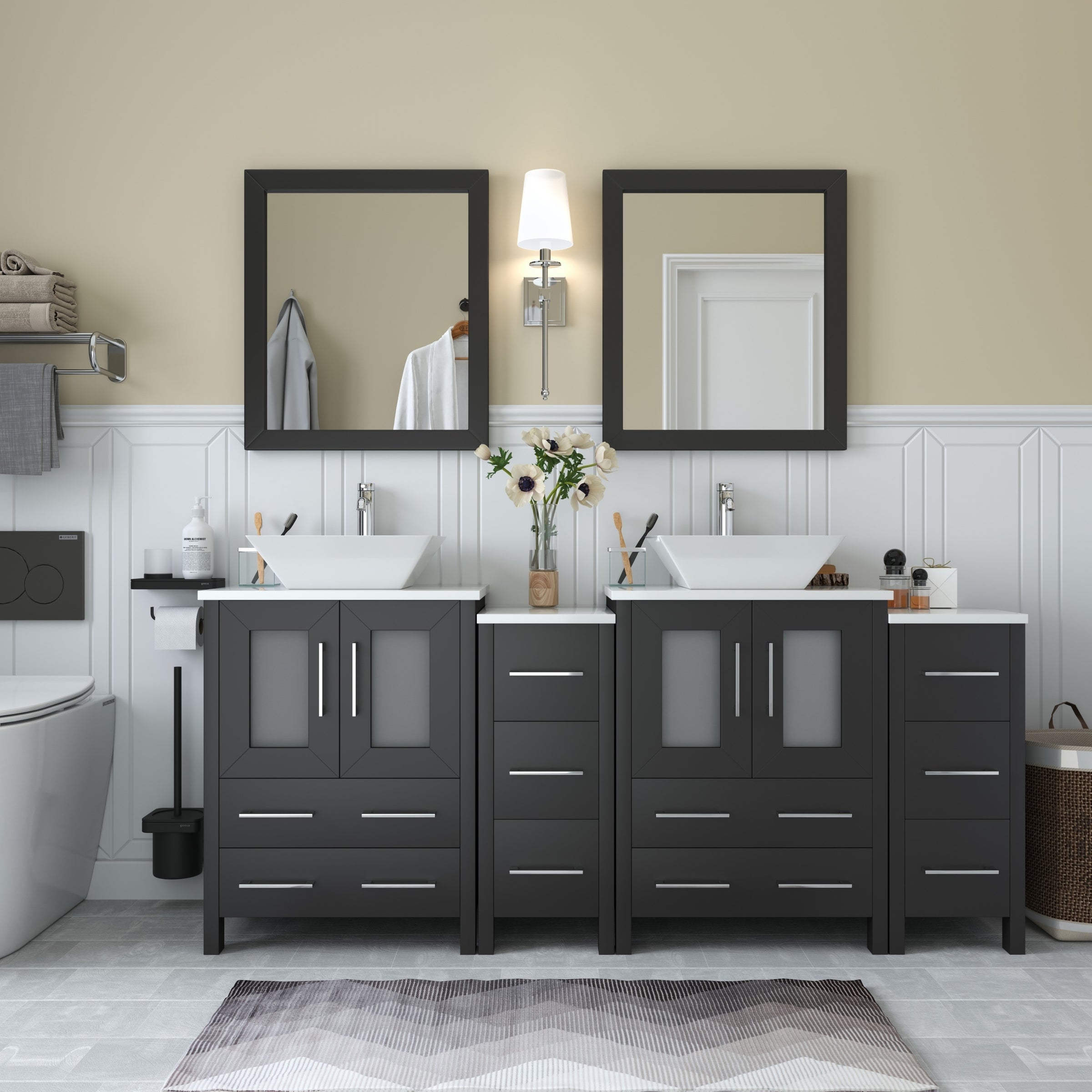 Vanity Art 72 Double Sink Bathroom Vanity Set Ceramic Vessel Sink Solid Wood Storage Cabinet With Quartz Top Free Mirror
