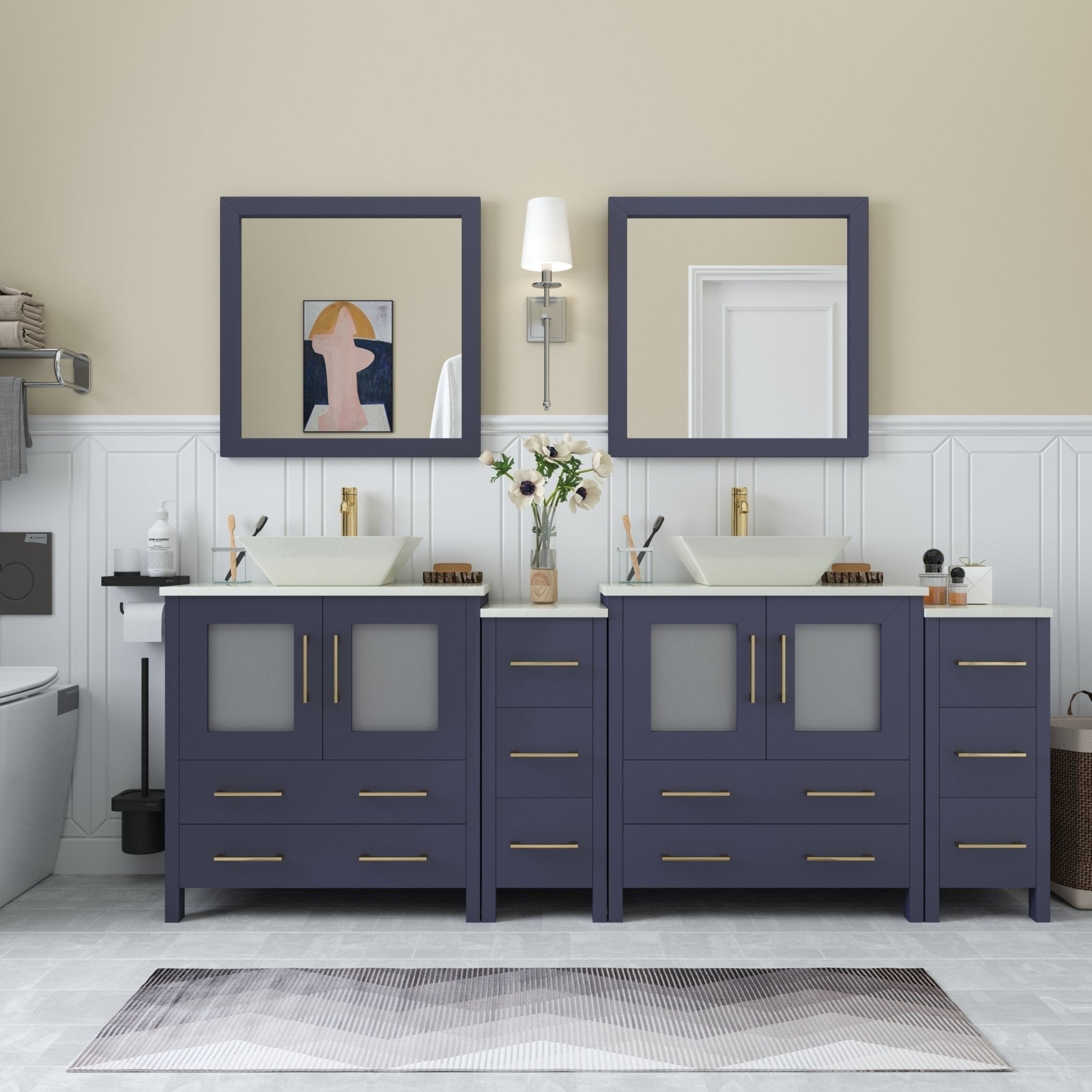 Vanity Art 84 Inch Double Quartz Sink Bathroom Vanity Set 10 Drawers 4 Cabinets 2 Shelves Soft Closing Doors With Free Mirror