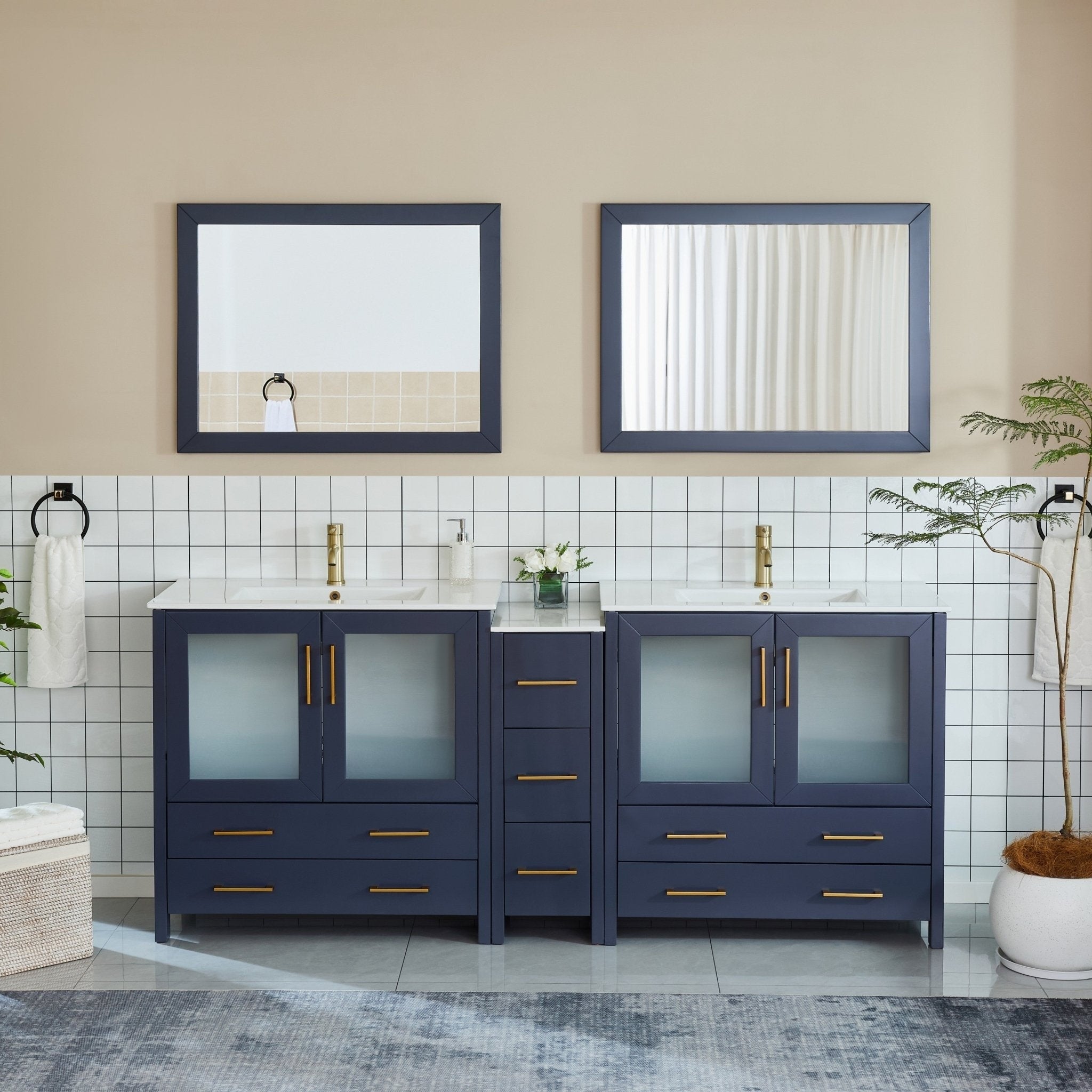 Vanity Art 84 Inch Double Sink Bathroom Vanity Set 7 Drawers 3 Cabinets 2 Shelves Soft Closing Doors With Free Mirror