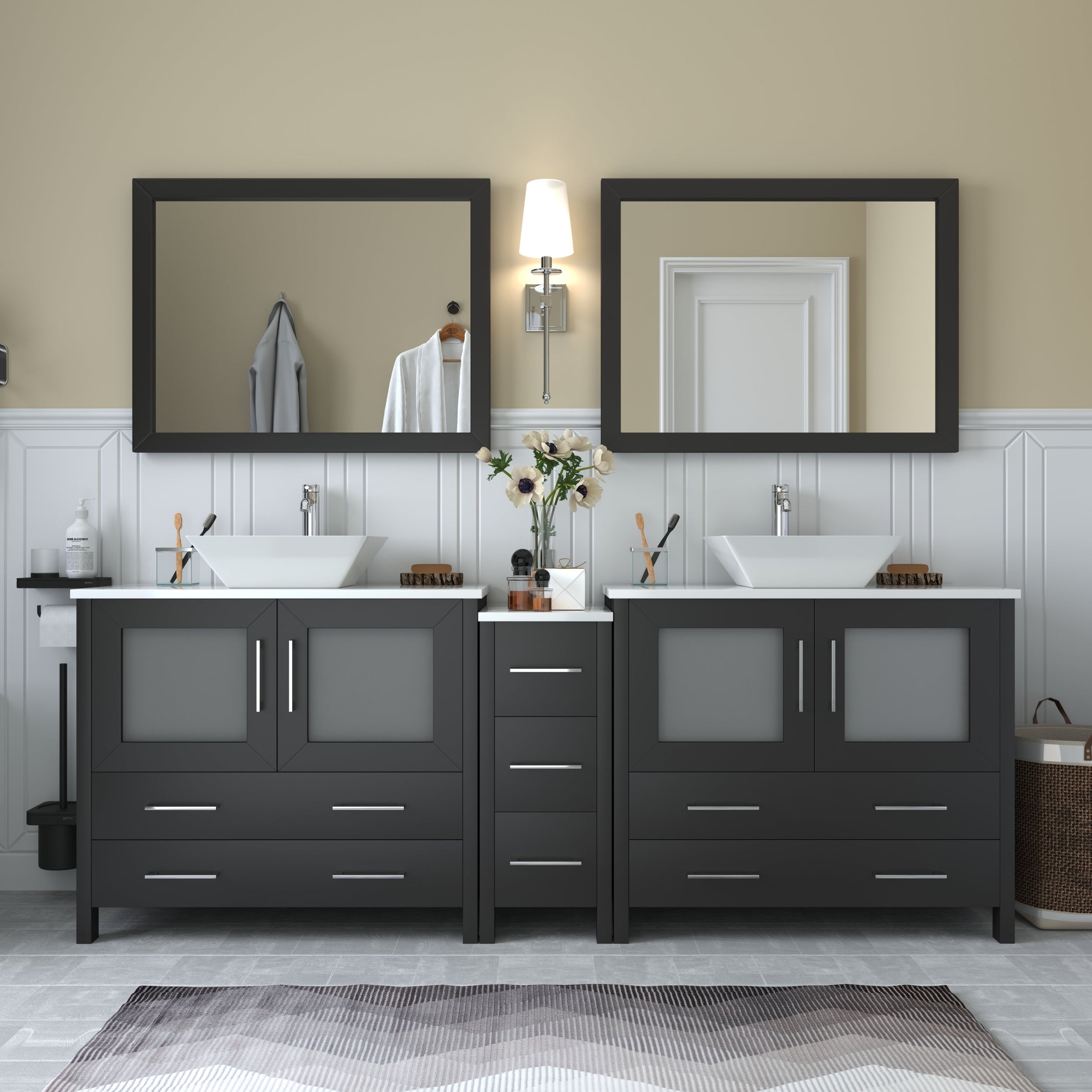 Vanity Art 84 Inch Double Sink Bathroom Vanity Set 7 Drawers 3 Cabinets 2 Shelves Quartz Top With Free Mirror