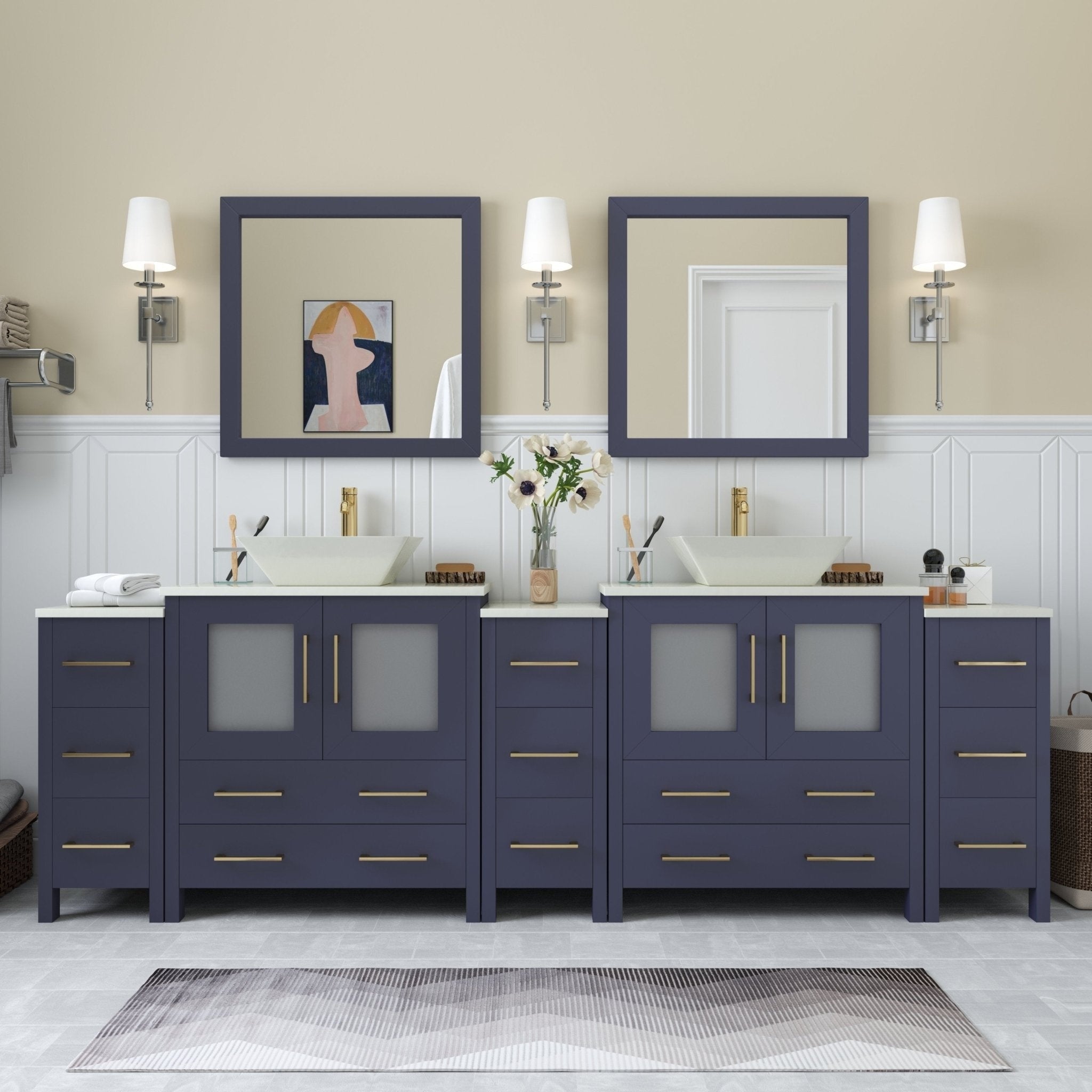 Vanity Art 96 Inch Double Quartz Sink Bathroom Vanity Set 13 Drawers 5 Cabinets 2 Shelves Soft Closing Doors With Free Mirror