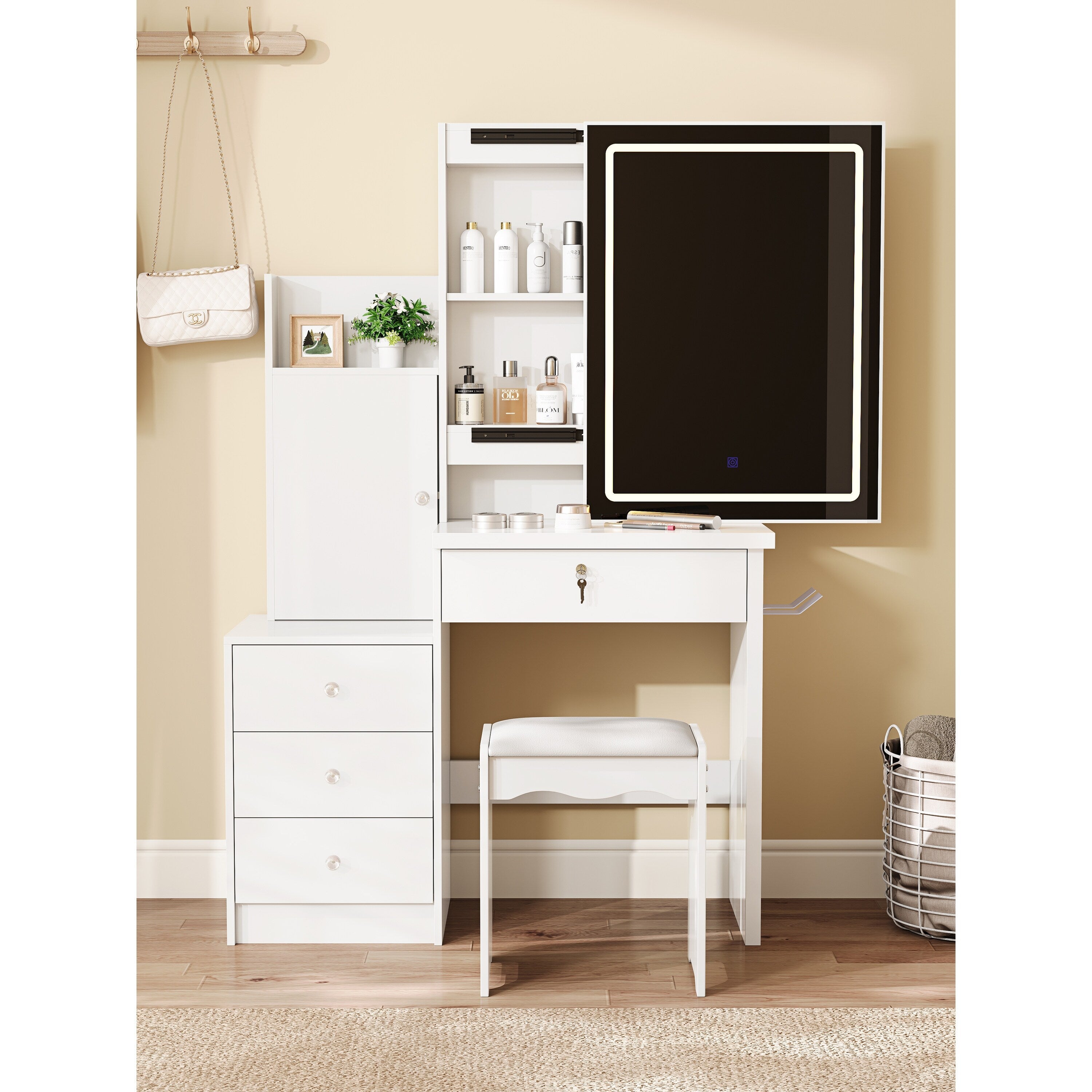Vanity Desk Set With Sliding Lighted Mirror Makeup Dressing Table With 4 Drawers 9 Storage Spaces