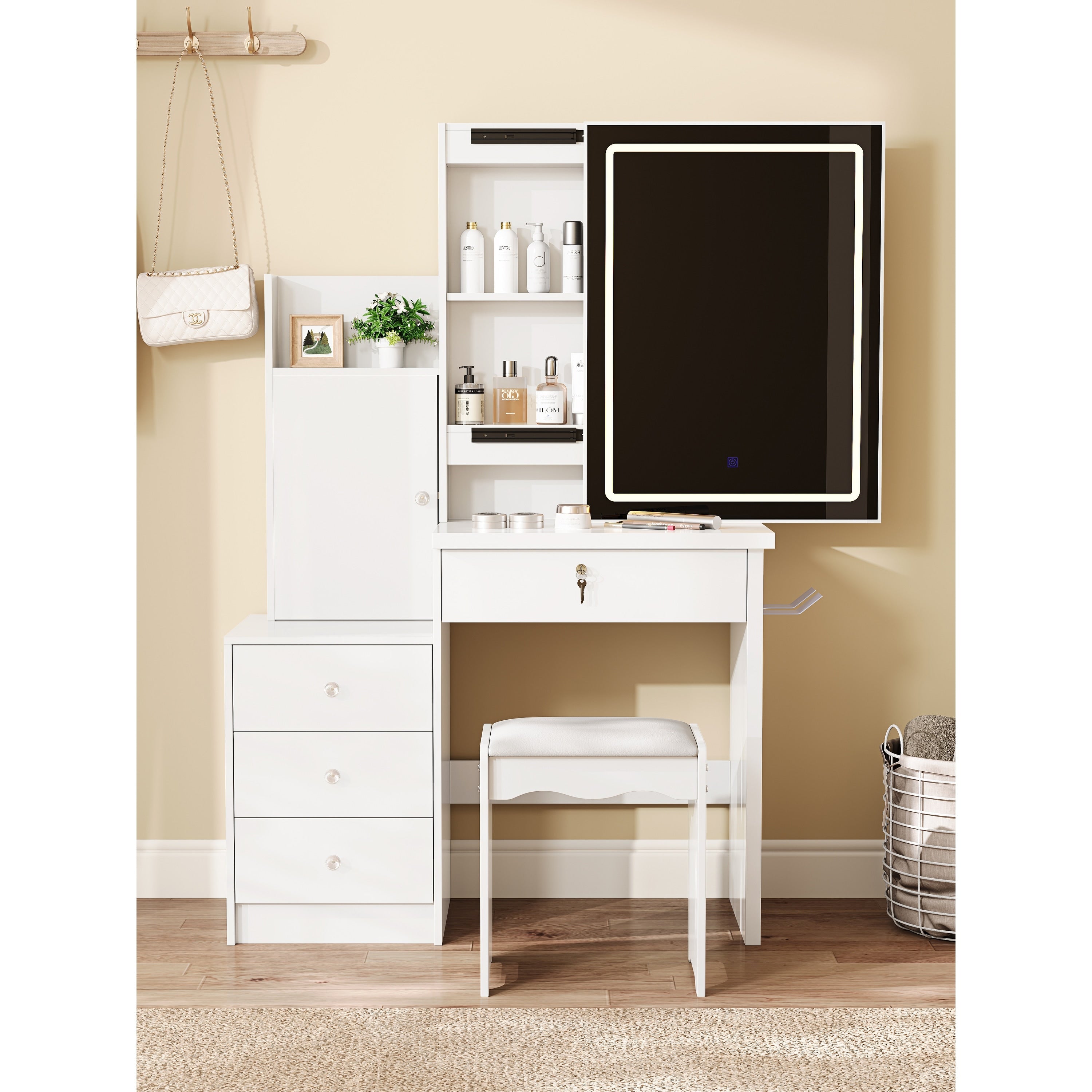 Vanity Desk Set With Sliding Lighted Mirror Makeup Dressing Table