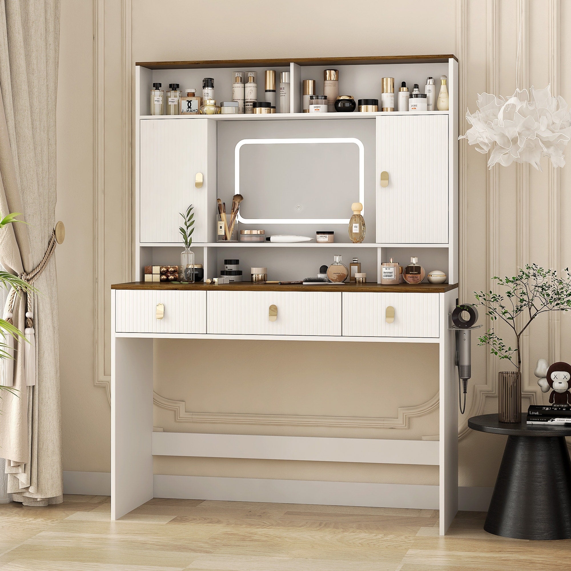 Vanity Desk With Control Lighting Mirror 3 Lighting Color Adjustable Dressing Table With Hair Dryer Holder Drawer Shelves