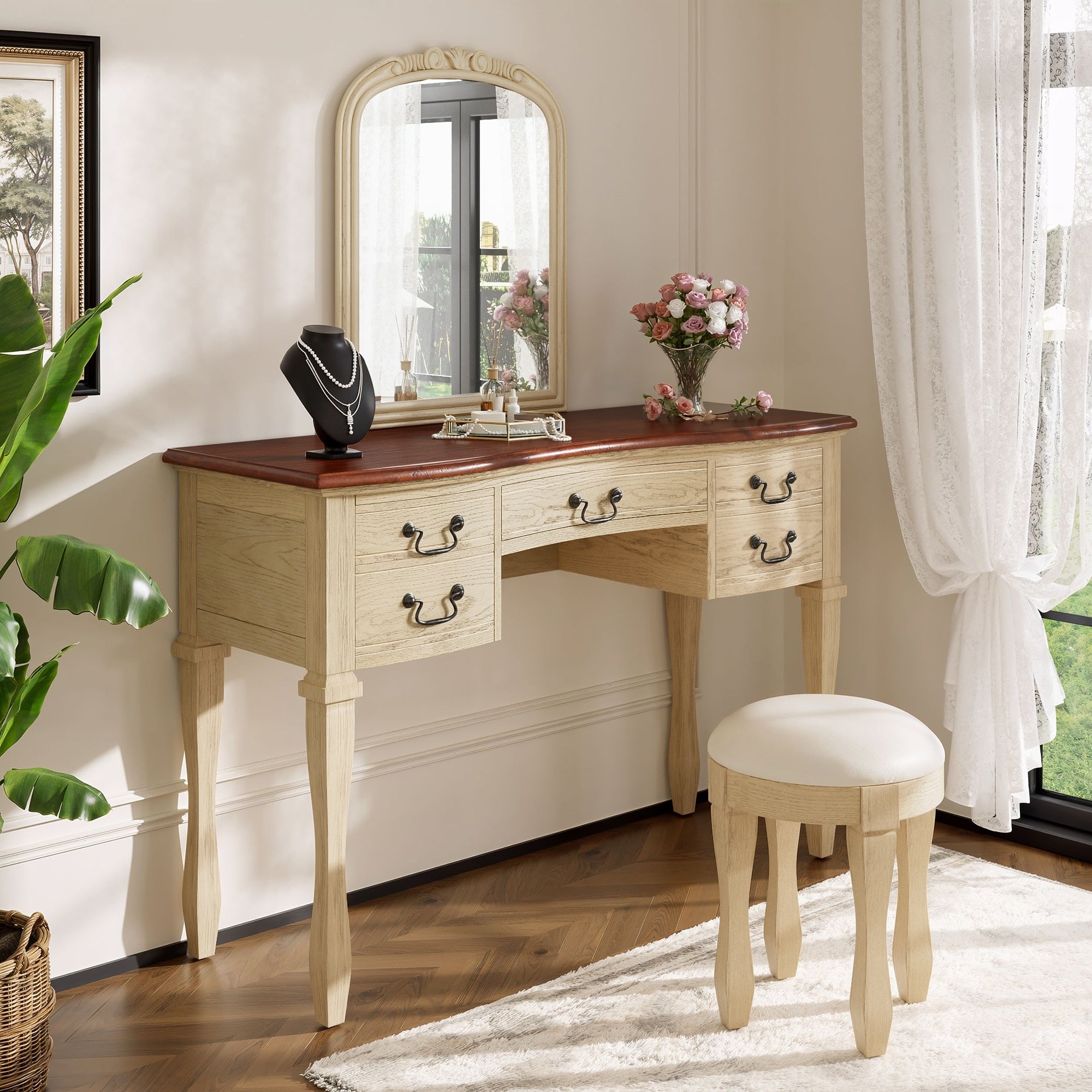 Vanity Desk With Curved Flower Frame Mirror Dressing Table Set With 5 Drawers Leather Stool Wood Makeup Table For Bedroom
