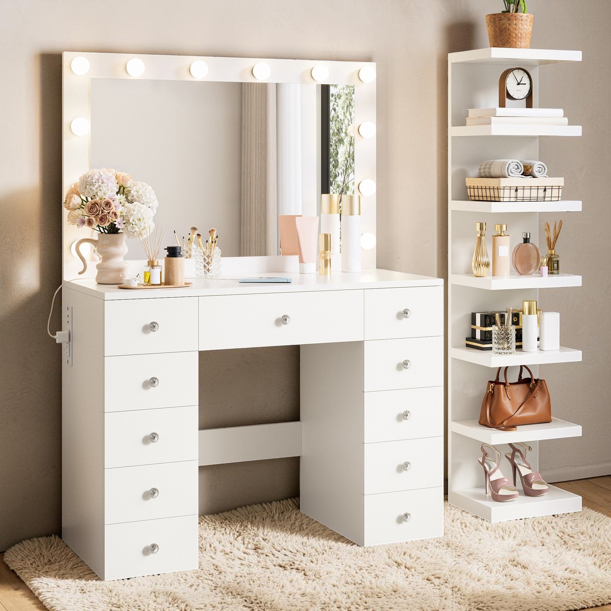 Vanity Desk With Hollywood Bulbs 11 Drawers Power Outlet And 7 Tier Storage Shelves White Makeup Table