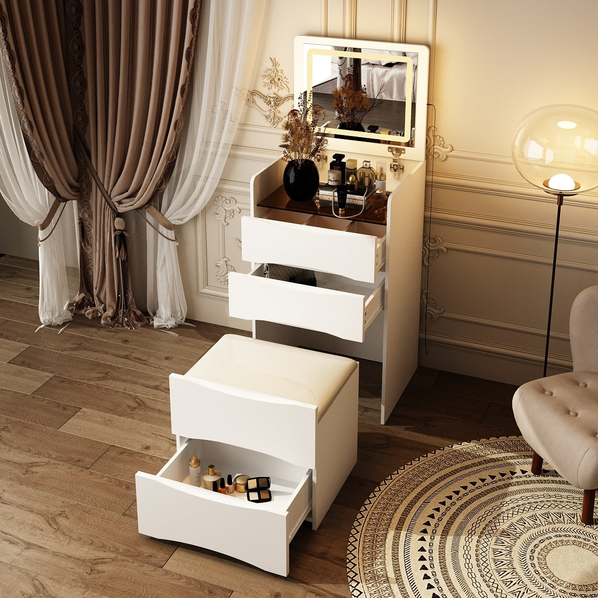 Vanity Desk With Led Lighted Mirror And Stool Makeup Vanity Table With 4 Drawers And Storage Organizer Modern Dressing Table