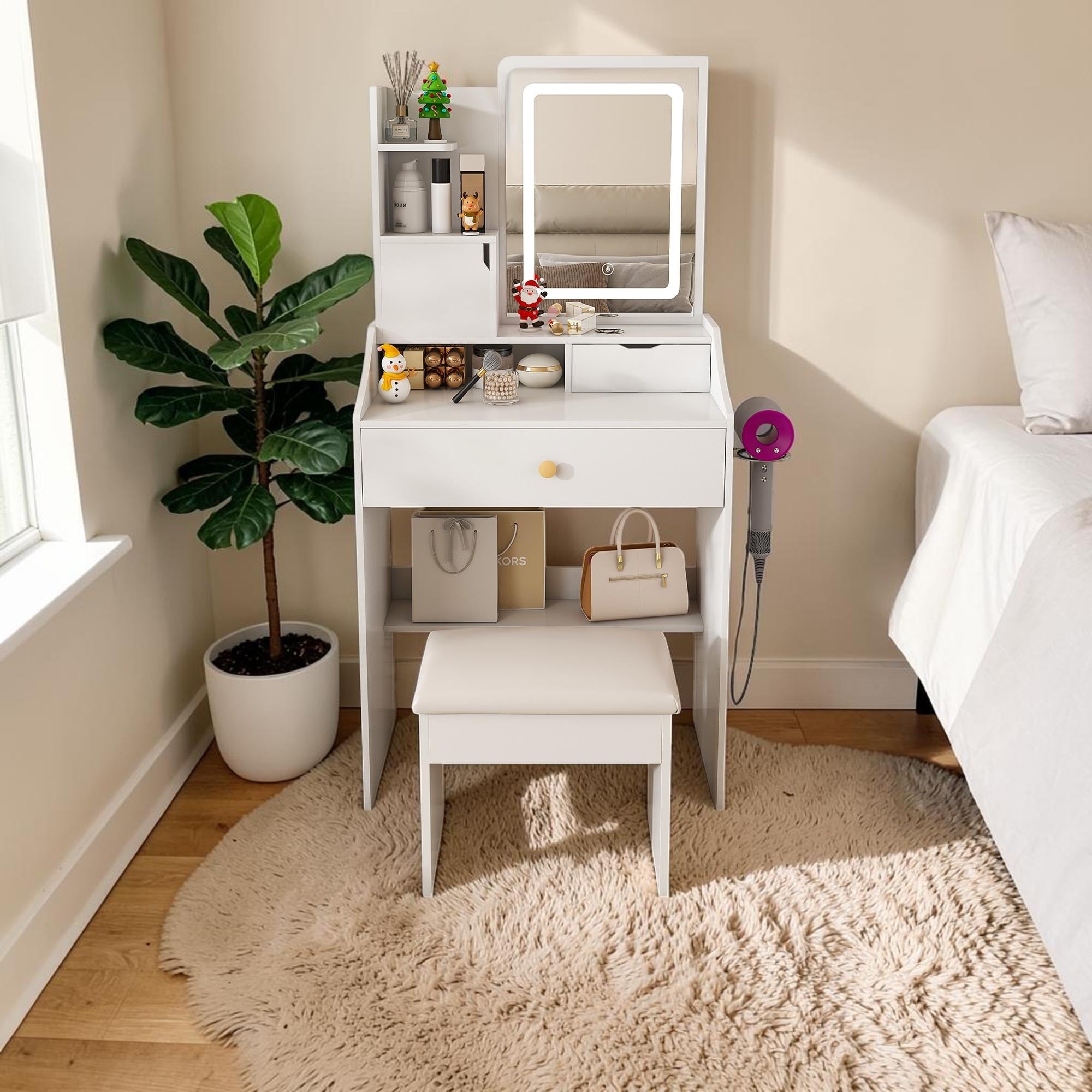 Vanity Desk With Led Mirror And Stool Makeup Vanity With 2 Drawers Storage Cabinets Power Outlet And Usb Charging